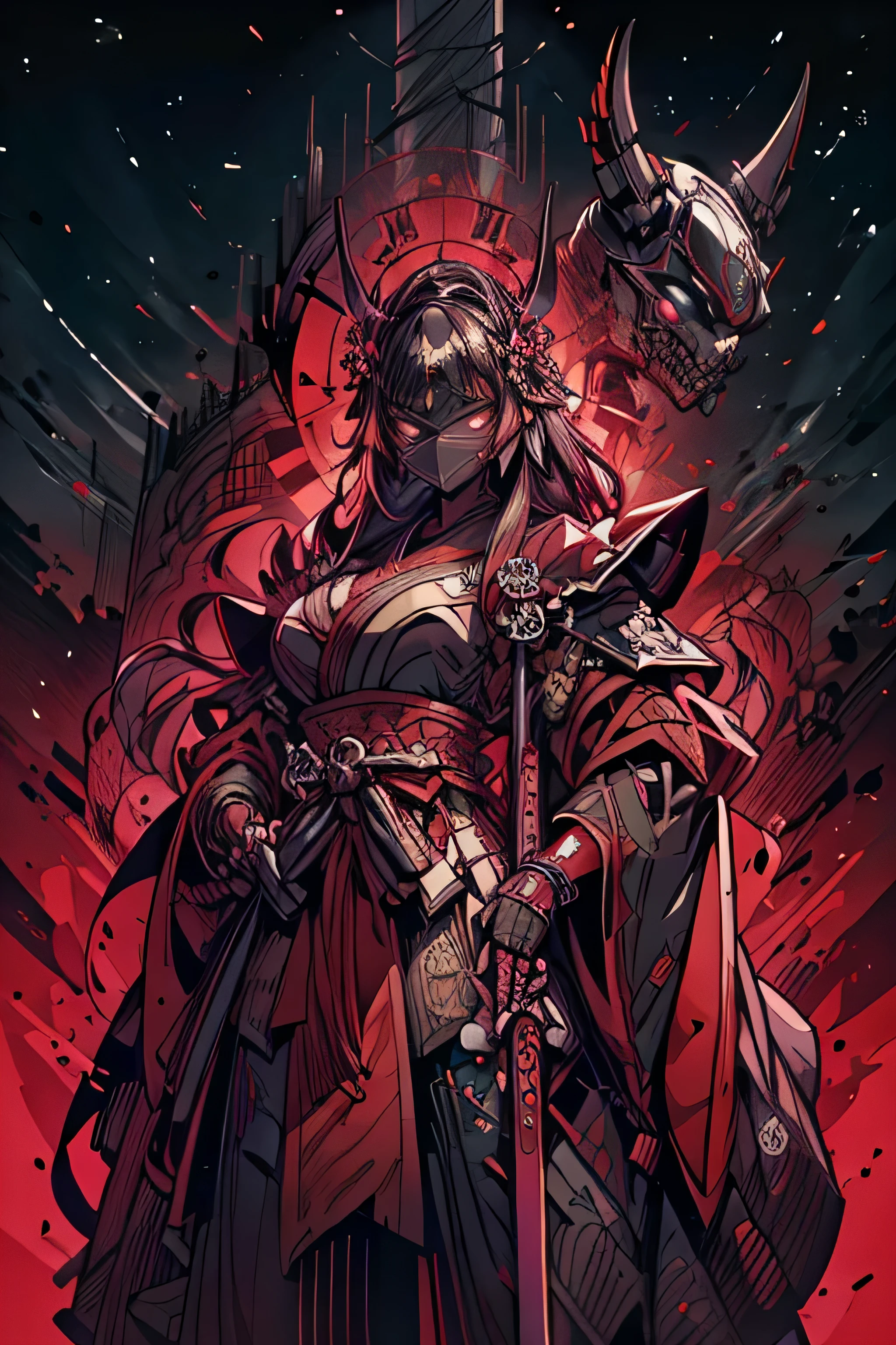 (um poderoso guerreiro samurai:1.1, atmosfera intensa, capacete blindado preto, dark samurai mask covering the face, estilo mortal kombat, manoplas pretas, Armadura de perna preta, Olhos vermelhos brilhantes, esclera dos olhos preta, imposing presence, era feudal nobre, Samurai warrior from the Sengoku period, Formidable figure, pronto para a batalha, Destemido:1.1), olhos com escleras pretas estilo tokyo ghoul, red pupils, dark collors.