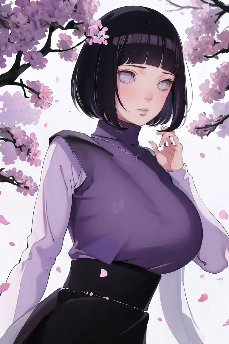 { - anatomy error} (Masterpiece - Ultra-detailed, very high resolution) (huge titusty, masterpiece, absurdres, hinata\(boruto\), 1girl, solo,mature female, lilac turtleneck blouse, black pant, looking at viewelling petals), perfect composition, detailed lips, big breast, beautiful face, body propotion, blush, (pink lips), short hair, (black hair), purple eyes, soft gaze, super realistic, detailed, photoshoot, realistic face and body, closed mouth , lilac eyes, upper body, hidden hands, perfect fingers, inocent face, portrait, Walking, writing, lying down, standing, on your back, dynamic poses