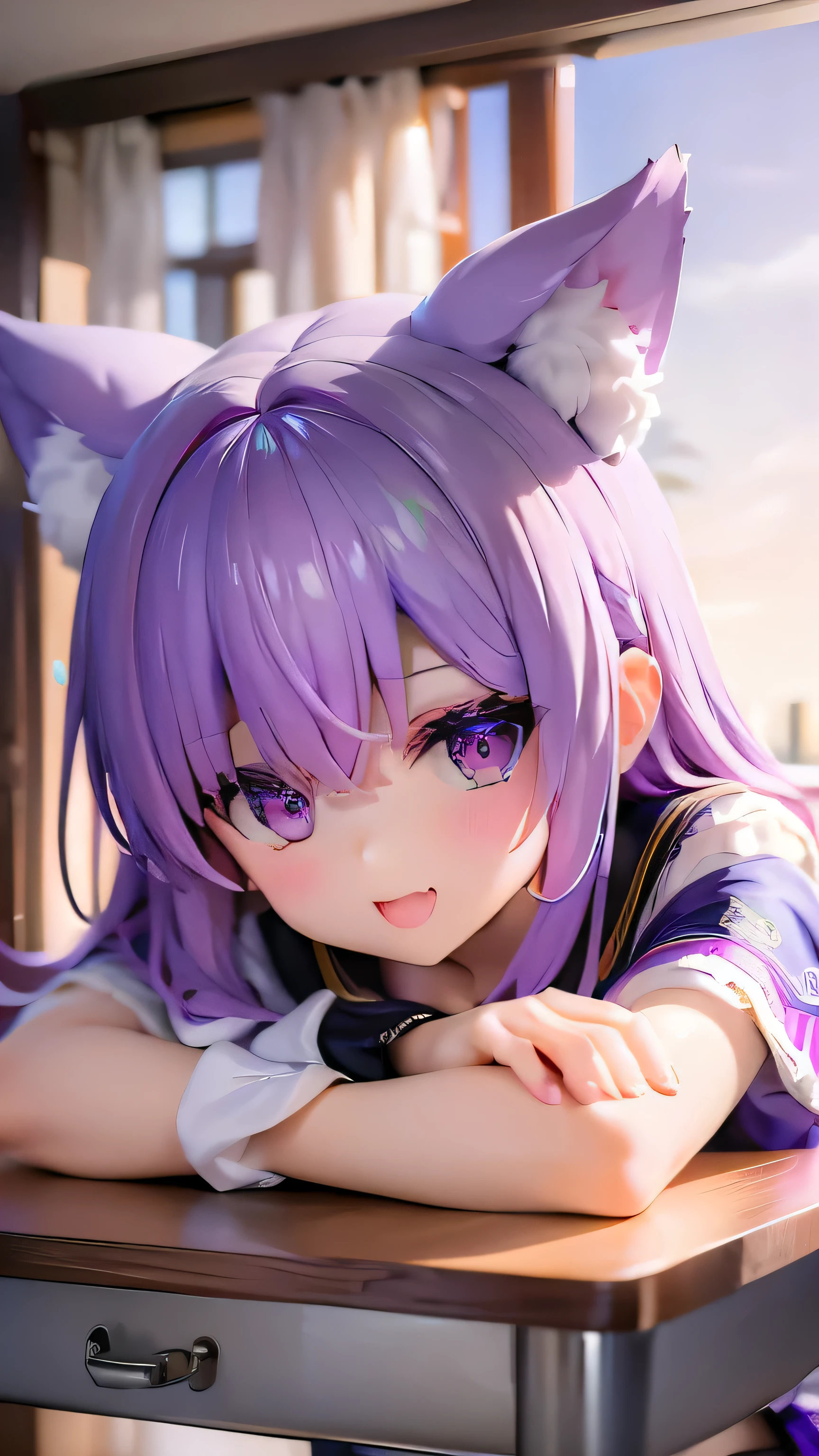 very cute girl、19 years old、purple hair、Fluffy semi-long hair、、purple eyes、big eyes、droopy eyes、cute eyes、(yellow cardigan)、the front of the cardigan is open、(white school uniform)、(black skirt、(19 years old)、white skin、slim and beautiful legs、Super high quality、full body shot、classroom、sitting in a chair、smile、open your mouth