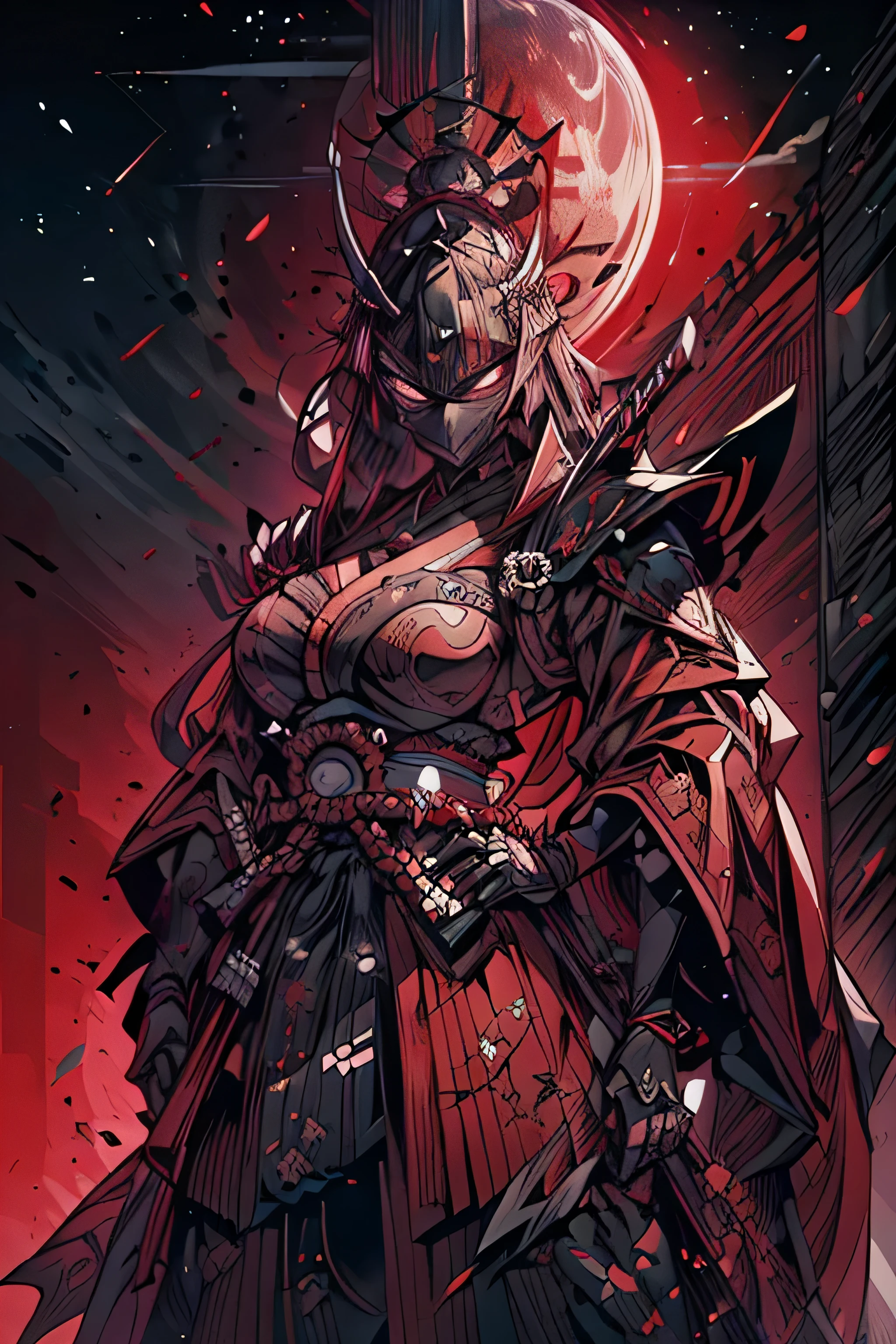 (um poderoso guerreiro samurai:1.1, atmosfera intensa, capacete blindado preto, dark samurai mask covering the face, estilo mortal kombat, manoplas pretas, Armadura de perna preta, Olhos vermelhos brilhantes, esclera dos olhos preta, imposing presence, era feudal nobre, Samurai warrior from the Sengoku period, Formidable figure, pronto para a batalha, Destemido:1.1), olhos com escleras pretas estilo tokyo ghoul, red pupils, dark collors.