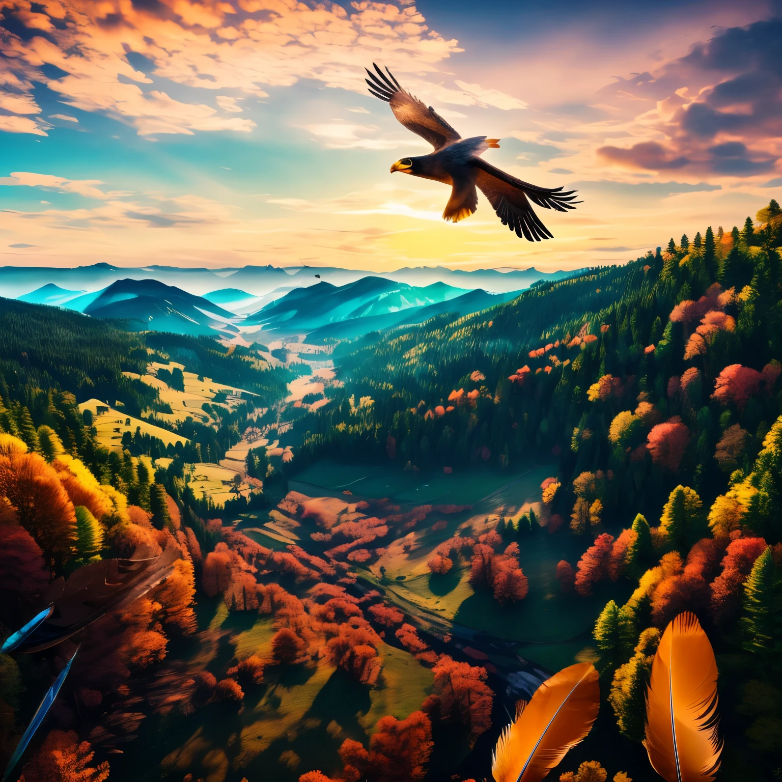 of a serene landscape and a majestic eagle in flight, (stunning: 1.5), (vibrant colors: 1.4), (panoramic: 1.2), (sunset: 1.1), masterpiece, best quality, ultra high resolution, (realistic: 1.3), detailed textures, (feather detail: 1.4), cinematic shot, HDR, intricate shadows, dramatic lighting, captured moment, breathtaking, nature's beauty, eagle in flight, landscape photography.