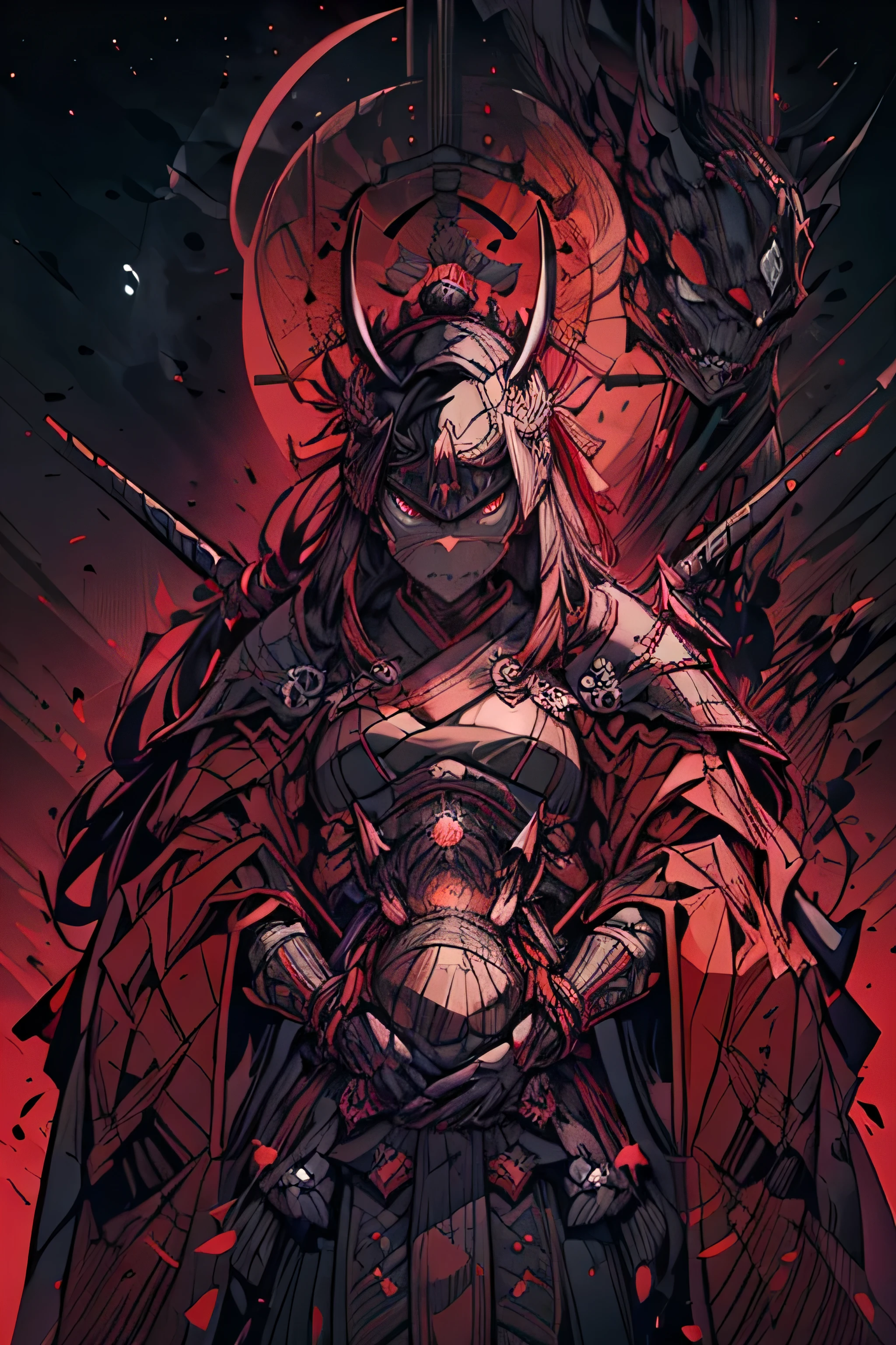 (um poderoso guerreiro samurai:1.1, atmosfera intensa, capacete blindado preto, dark samurai mask covering the face, estilo mortal kombat, manoplas pretas, Armadura de perna preta, Olhos vermelhos brilhantes, esclera dos olhos preta, imposing presence, era feudal nobre, Samurai warrior from the Sengoku period, Formidable figure, pronto para a batalha, Destemido:1.1), olhos com escleras pretas estilo tokyo ghoul, red pupils, dark collors.