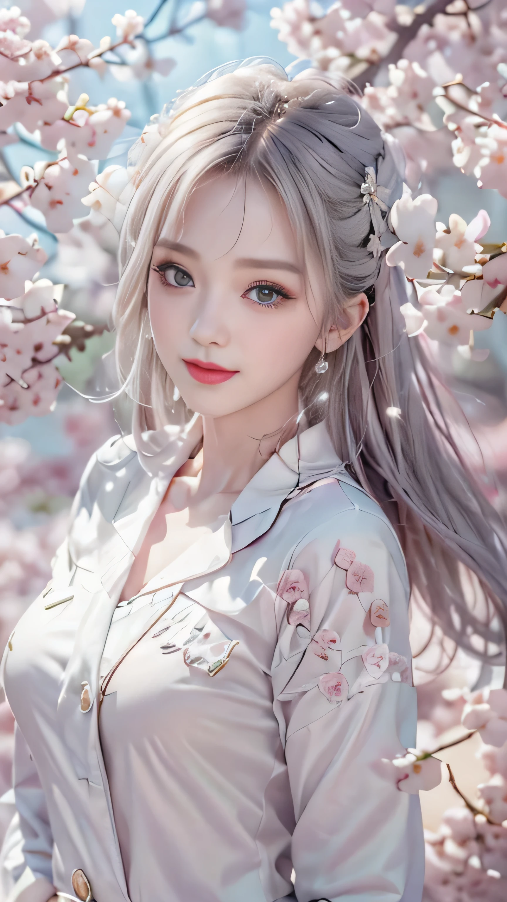 ((Girls standing on a row of cherry blossom trees)),top quality work,Real work,Ultra premium graphics,8K HD CG作品,high quality graphics,High-definition CG works,10x pixels,super fine details:1.1,Advanced technical details:1.1Photo-realistic,indoor lighting effects:1.5,Natural light:1.5. light effect(virtual light effect:1.8),超A high resolution,shiny red dress,長いsilver hair,silver hair,transparent hair,high detail hair(premium hair detail:1.1)clear eyes,beautiful double eyelids,sharp eye makeup, delicate eyelash makeup, thin eyebrows, highly detailed eyes,high nose, nice red lips, rose cheeks, A face with delicate makeup , cute face, perfectly proportioned face,(Advanced facial details:1.1),shiny,wonderful dress,bright red series,(white blazer) 、(white blouse)、(red bow tie)、(checked skirt)、(My skirt flies up in the wind)、white panties are visible、girls school uniform、photo shoot,woman'artwork of,full body figure,realism,wonderful,My eyes are shining today、(smile),(Cherry blossom petals are dancing)、((In a blizzard of flowers))、(smile),