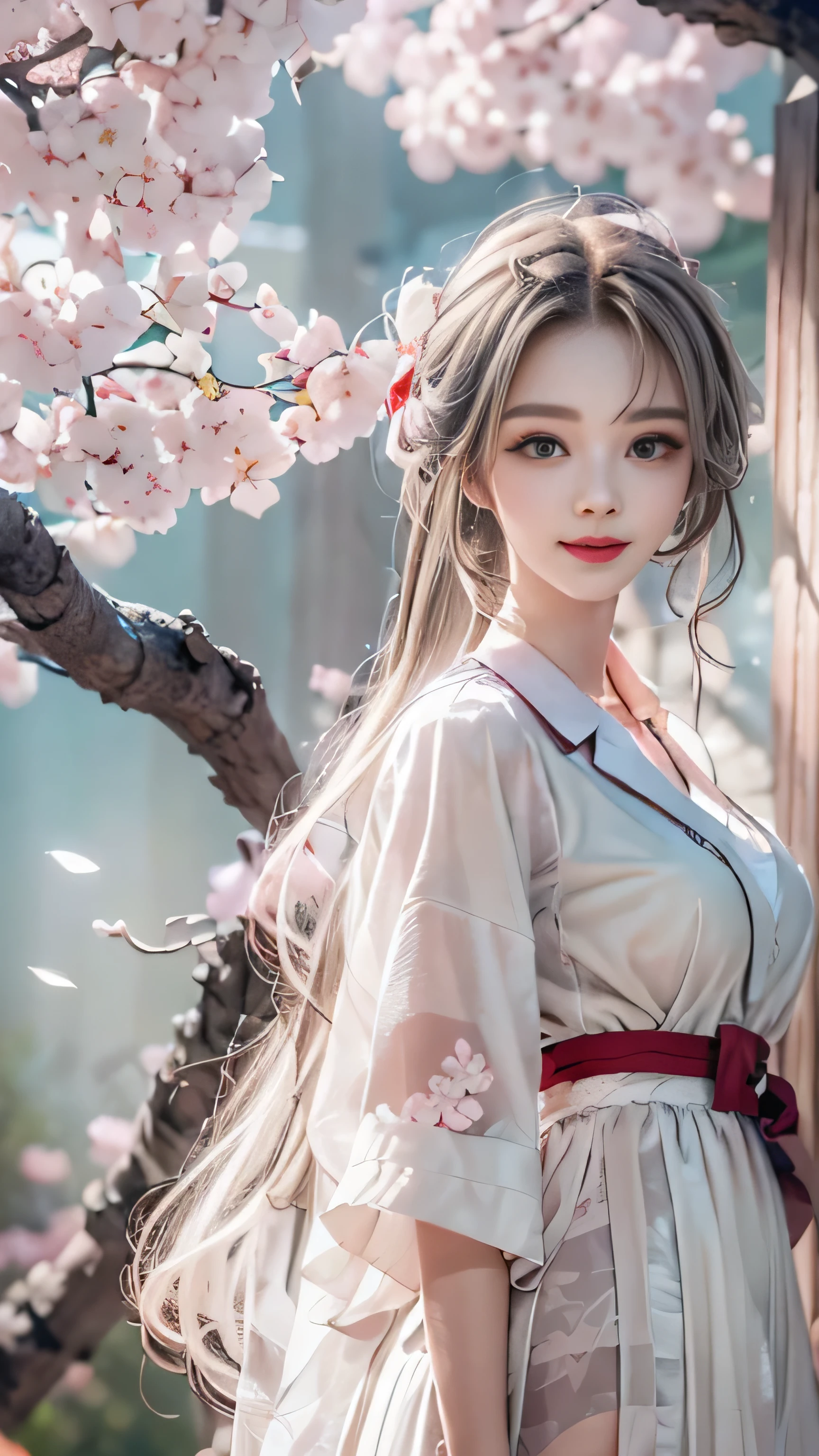((Girls standing on a row of cherry blossom trees)),top quality work，Real work，Ultra premium graphics，8K HD CG作品，high quality graphics，High-definition CG works，10x pixels，super fine details：1.1，Advanced technical details：1.1Photo-realistic，indoor lighting effects：1.5，Natural light：1.5. light effect（virtual light effect：1.8），超A high resolution，shiny red dress，長いsilver hair，silver hair，transparent hair，high detail hair（premium hair detail：1.1）clear eyes，beautiful double eyelids，sharp eye makeup, delicate eyelash makeup, thin eyebrows, highly detailed eyes，high nose, nice red lips, rose cheeks, A face with delicate makeup , cute face, perfectly proportioned face,（Advanced facial details：1.1），shiny，wonderful dress，bright red series，(white blazer) 、(white blouse)、(red bow tie)、(checked skirt)、（My skirt flies up in the wind)、white panties are visible、girls school uniform、photo shoot，woman&#39;artwork of，full body figure，realism，wonderful，My eyes are shining today、(smile),(Cherry blossom petals are dancing)、((In a blizzard of flowers))、(smile),