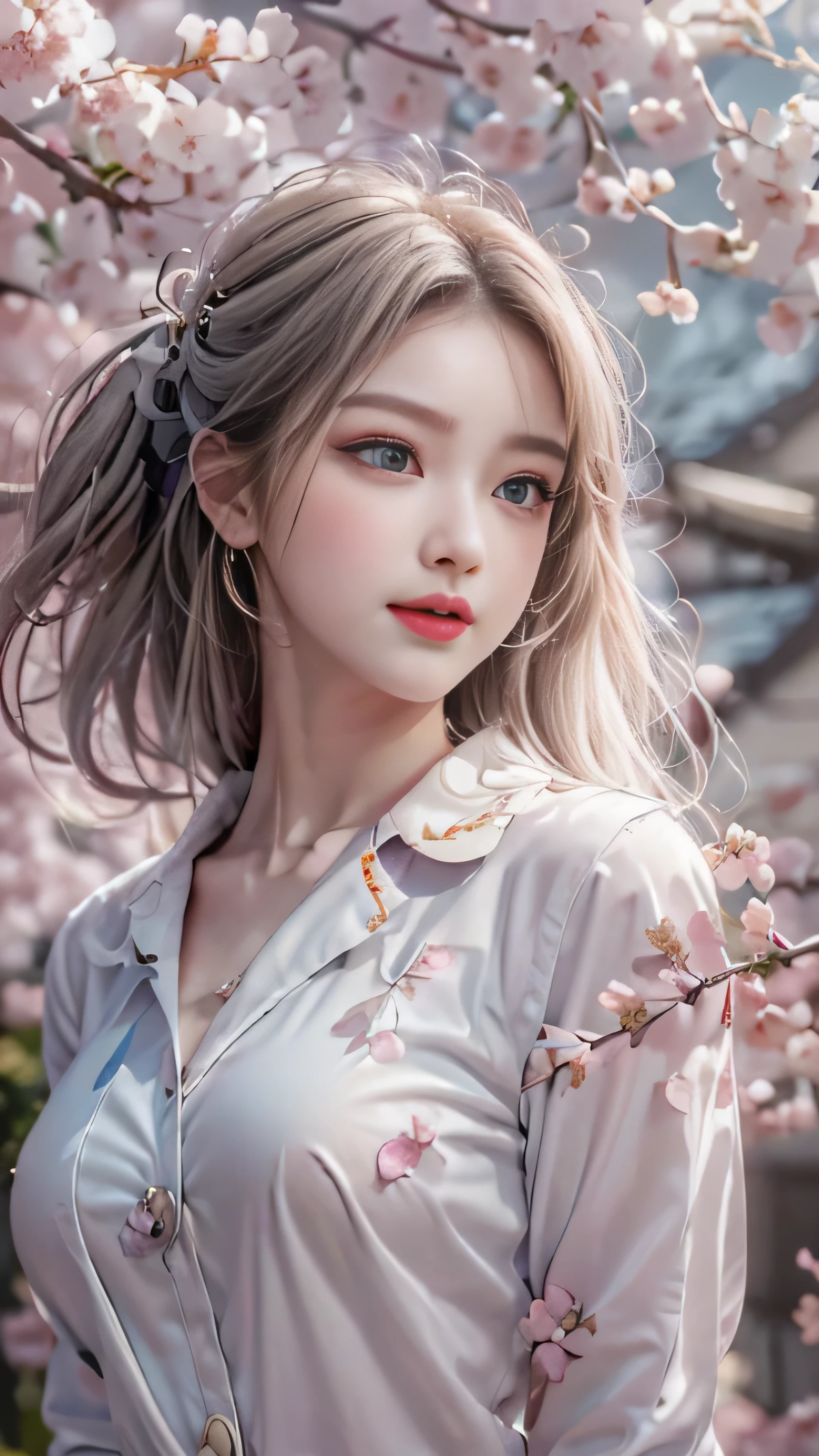 ((Girls standing on a row of cherry blossom trees)),top quality work,Real work,Ultra premium graphics,8K HD CG作品,high quality graphics,High-definition CG works,10x pixels,super fine details:1.1,Advanced technical details:1.1Photo-realistic,indoor lighting effects:1.5,Natural light:1.5. light effect(virtual light effect:1.8),超A high resolution,shiny red dress,長いsilver hair,silver hair,transparent hair,high detail hair(premium hair detail:1.1)clear eyes,beautiful double eyelids,sharp eye makeup, delicate eyelash makeup, thin eyebrows, highly detailed eyes,high nose, nice red lips, rose cheeks, A face with delicate makeup , cute face, perfectly proportioned face,(Advanced facial details:1.1),shiny,wonderful dress,bright red series,(white blazer) 、(white blouse)、(red bow tie)、(checked skirt)、(My skirt flies up in the wind)、white panties are visible、girls school uniform、photo shoot,woman'artwork of,full body figure,realism,wonderful,My eyes are shining today、(smile),(Cherry blossom petals are dancing)、((In a blizzard of flowers))、(smile),