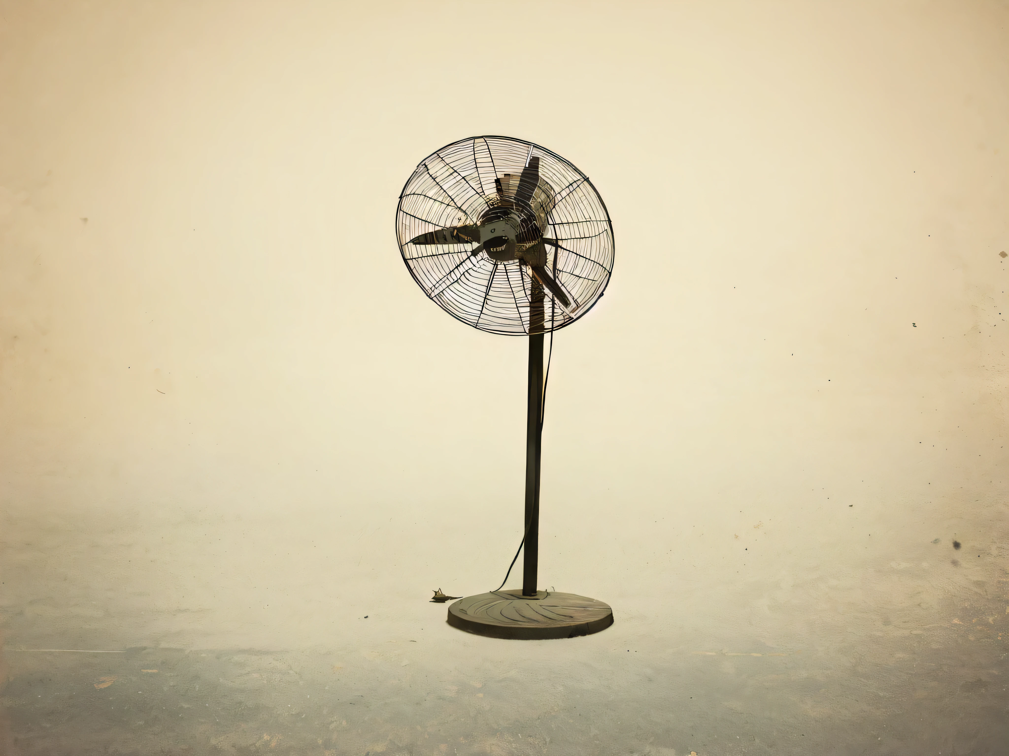 There's a fan sitting on a stand in the sky, inspired author:ZHANG Kechun, Wind, fan, author:Artur Tarnovsky, author:ZHANG Kechun, dusty air, Alessio Albi, Alison Geisler, Zachrez, author:Etienne Dresset, Sebastian Kruger, Faded and dusty, cooling, minimalist photorealist
