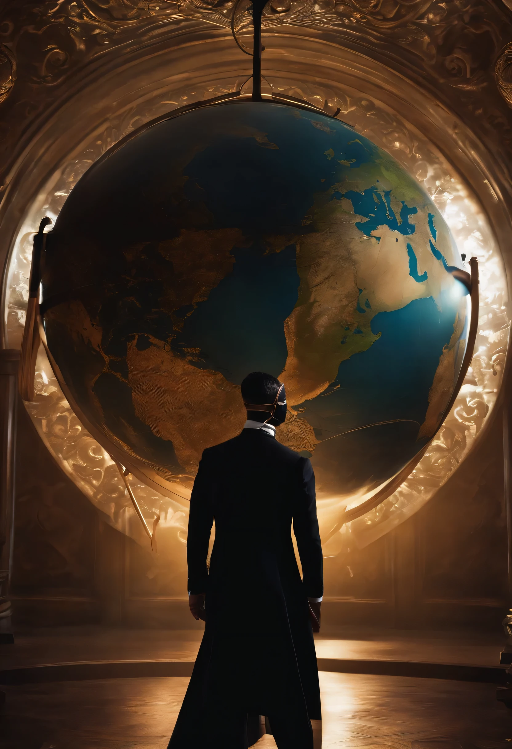 A globe, dark, one man with a black suit and black mask on his face,