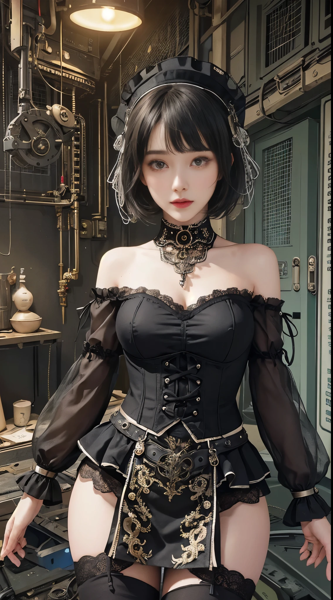 (((masterpiece, highest quality, Super detailed))), 1 female, (((very thin body))) , (((length, thin legs))), (((black short bob, thick fluffy bangs ))), (((highly detailed face))), No cosmetics, small and thin nose, thin mouth with small lips, (((Very sharp focused eyes))), Precise pale gray eyes with large slits, shine like a jewel, length eyelashes, ((Highly decorative intricate mechanical steampunk fashion, Lace Flare Mini Skirt, above the knee lace stockings, Lace Off Shoulder ta Fashion, Overly decorative fashion)), Abandoned Night, Complex mechanized steampunk factory catches fire and explodes, (((Overall accuracy has been dramatically improved, creating a Super detailed and realistic image))), super realistic photos, (((Steampunk room)))
