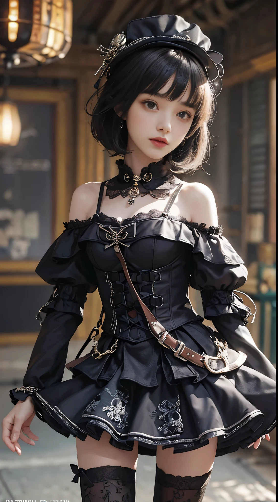 (((masterpiece, highest quality, Super detailed))), 1 female, (((very thin body))) , (((length, thin legs))), (((black short bob, thick fluffy bangs ))), (((highly detailed face))), No cosmetics, small and thin nose, thin mouth with small lips, (((Very sharp focused eyes))), Precise pale gray eyes with large slits, shine like a jewel, length eyelashes, ((Highly decorative intricate mechanical steampunk fashion, Lace Flare Mini Skirt, above the knee lace stockings, Lace Off Shoulder ta Fashion, Overly decorative fashion)), Abandoned Night, Complex mechanized steampunk factory catches fire and explodes, (((Overall accuracy has been dramatically improved, creating a Super detailed and realistic image))), super realistic photos, (((Steampunk room)))