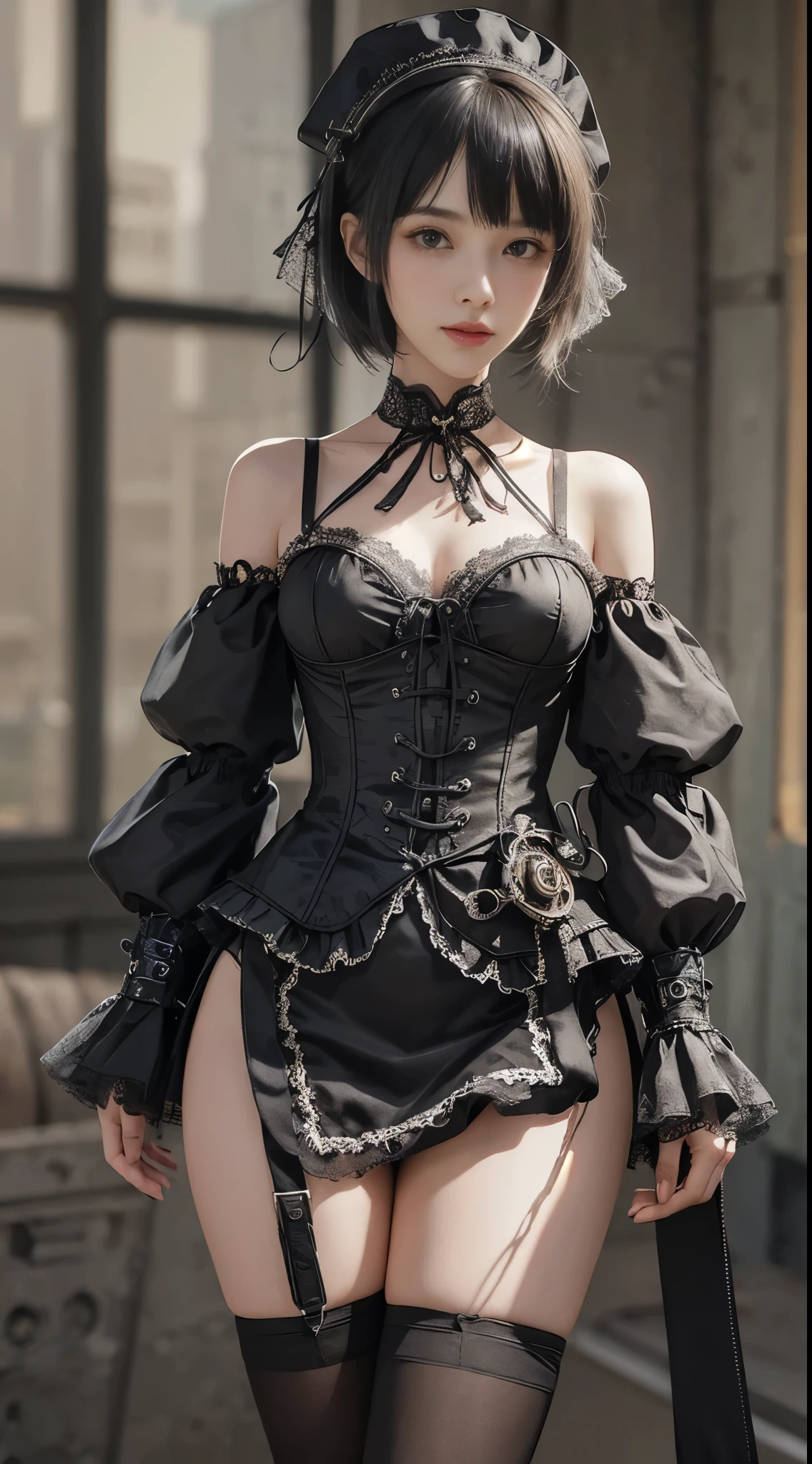 (((masterpiece, highest quality, Super detailed))), 1 female, (((very thin body))) , (((length, thin legs))), (((black short bob, thick fluffy bangs ))), (((highly detailed face))), No cosmetics, small and thin nose, thin mouth with small lips, (((Very sharp focused eyes))), Precise pale gray eyes with large slits, shine like a jewel, length eyelashes, ((Highly decorative intricate mechanical steampunk fashion, Lace Flare Mini Skirt, above the knee lace stockings, Lace Off Shoulder ta Fashion, Overly decorative fashion)), Abandoned Night, Complex mechanized steampunk factory catches fire and explodes, (((Overall accuracy has been dramatically improved, creating a Super detailed and realistic image))), super realistic photos, (((Steampunk room)))