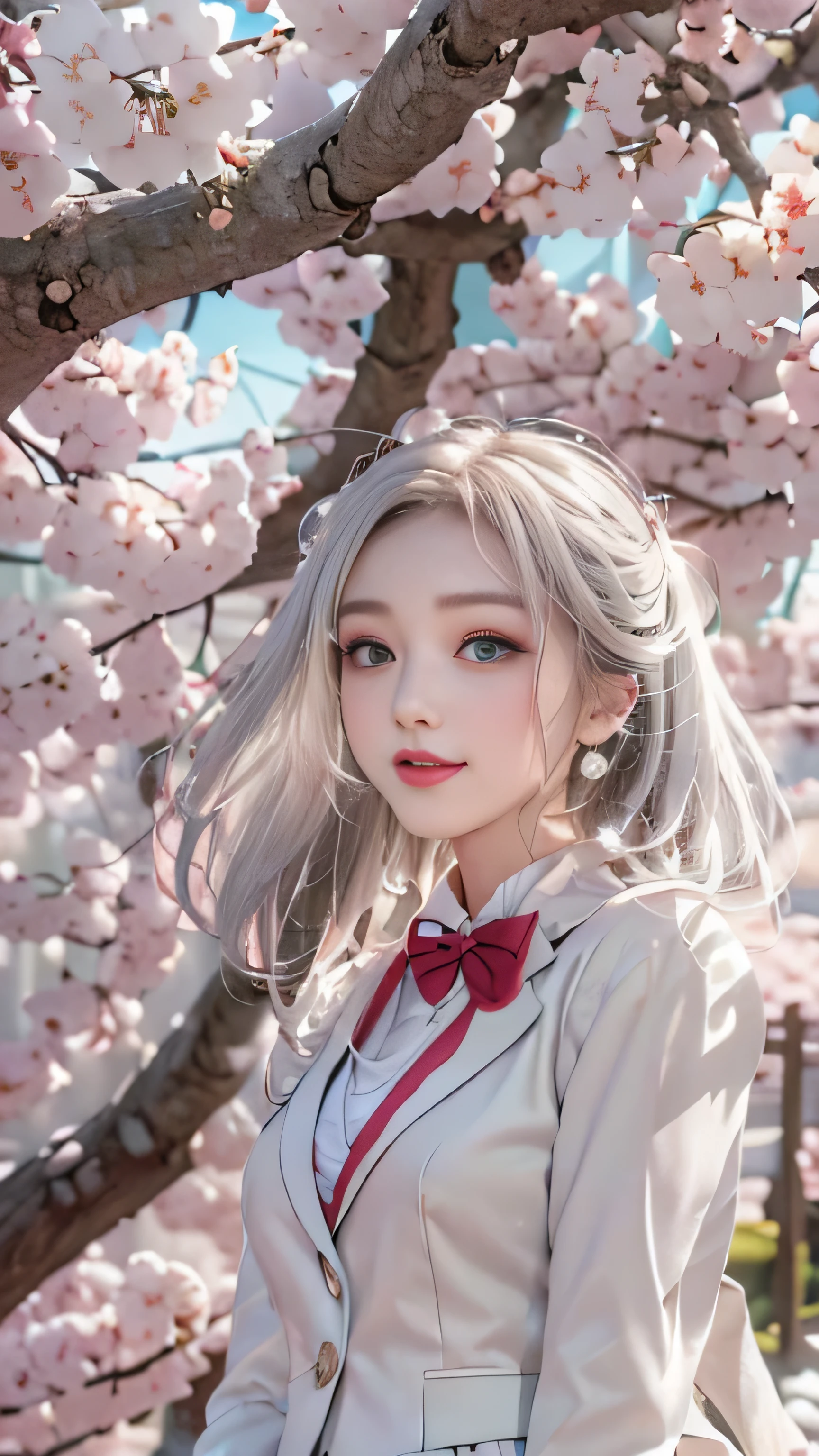 ((Girls standing on a row of cherry blossom trees)),top quality work，Real work，Ultra premium graphics，8K HD CG作品，high quality graphics，High-definition CG works，10x pixels，super fine details：1.1，Advanced technical details：1.1Photo-realistic，indoor lighting effects：1.5，Natural light：1.5. light effect（virtual light effect：1.8），超A high resolution，shiny red dress，長いsilver hair，silver hair，transparent hair，high detail hair（premium hair detail：1.1）clear eyes，beautiful double eyelids，sharp eye makeup, delicate eyelash makeup, thin eyebrows, highly detailed eyes，high nose, nice red lips, rose cheeks, A face with delicate makeup , cute face, perfectly proportioned face,（Advanced facial details：1.1），shiny，wonderful dress，bright red series，(white blazer) 、(white blouse)、(red bow tie)、(checked skirt)、（My skirt flies up in the wind)、white panties are visible、girls school uniform、photo shoot，woman&#39;artwork of，full body figure，realism，wonderful，My eyes are shining today、(smile),(Cherry blossom petals are dancing)、((In a blizzard of flowers))、(smile),