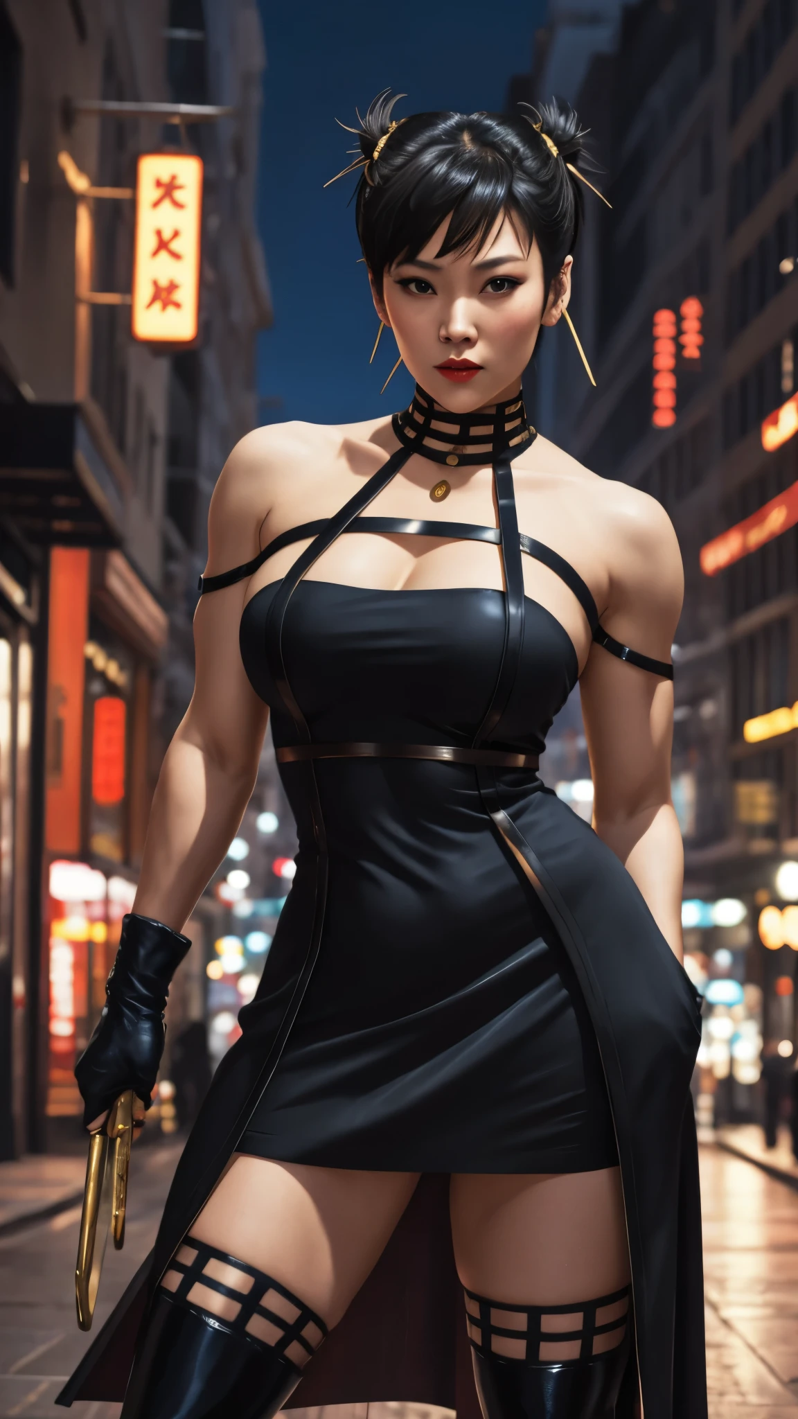 Chun Li, beautiful woman, sexy woman, perfect breast, ((half body)), (looking at viewer:1.1), night street, by Conor Harrington, black dress, black thighhighs, black gloves