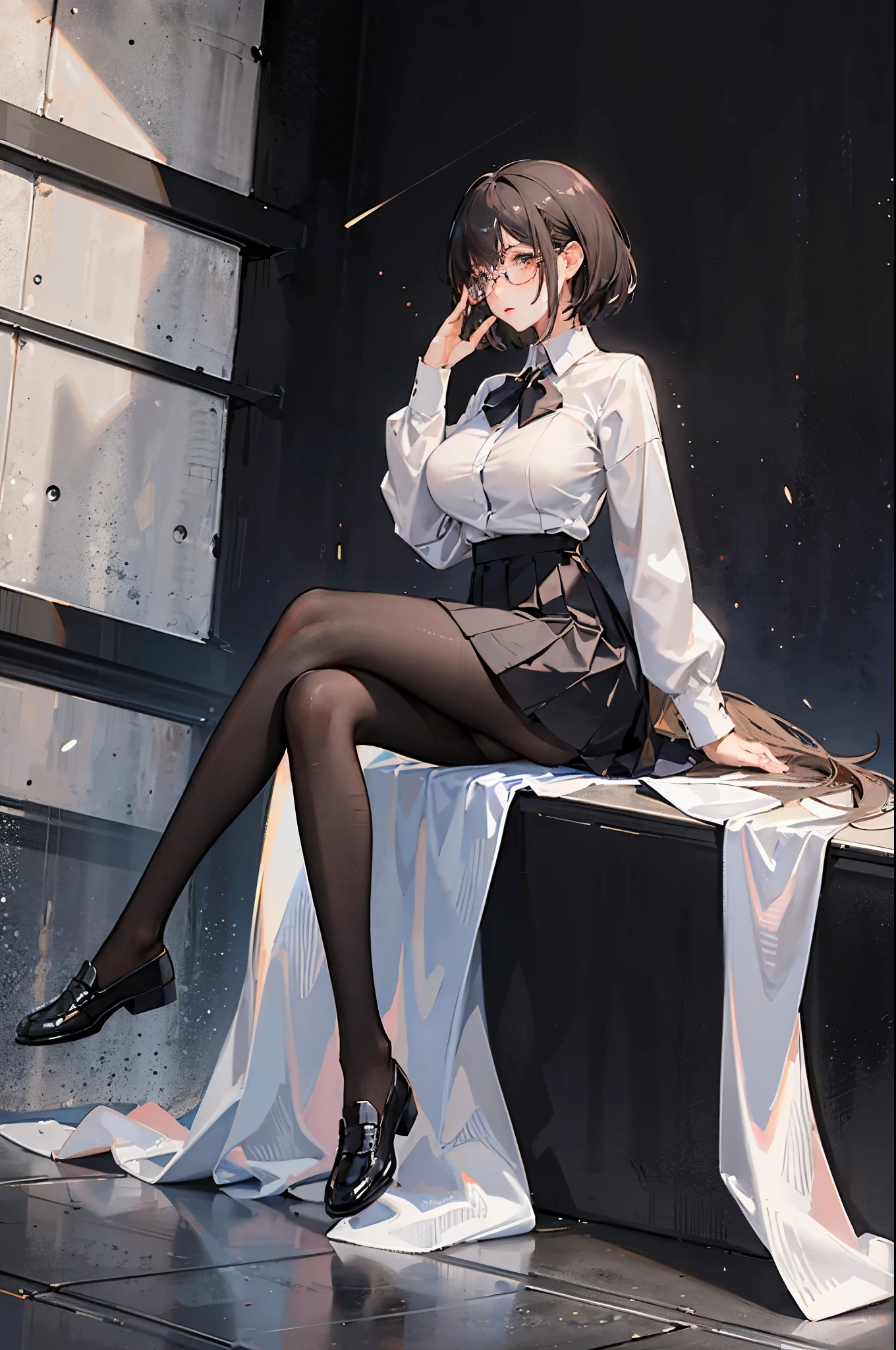 1 girl, glasses, (full body:1.2), sitting, (angle from below:1.1), (angle from the side:1.1), blush, (slim body:1.2), (huge breasts:1.5), (slender and long legs:1.1), black hair, short hair, white long sleeve shirt, pleated skirt, (black tights:1.1), black loafers,