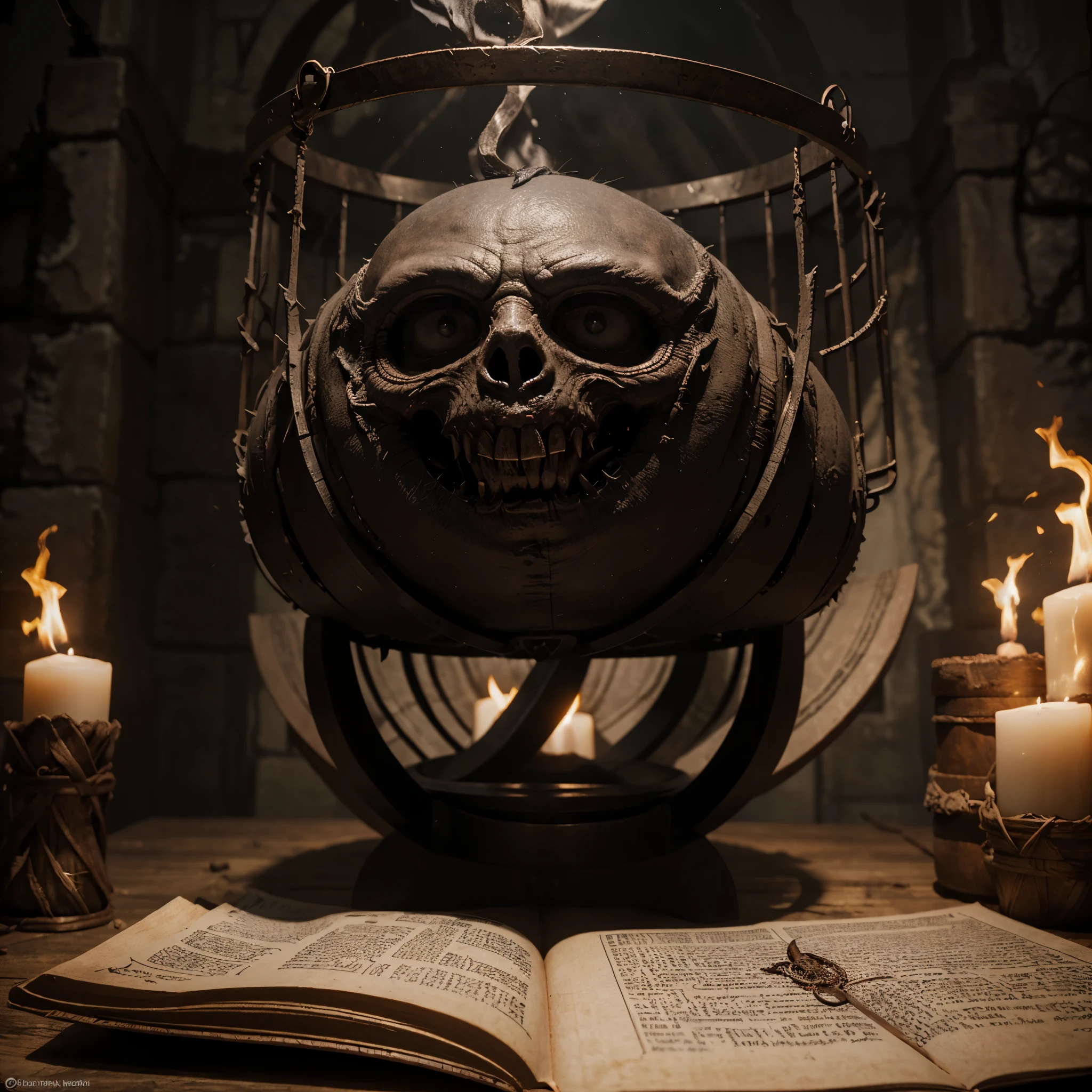 (best quality:1.2,ultra-detailed,realistic:1.37),monster,behemoth,demonic presence,magic,levitating cookbook,central eye, enormous eye,sinister,cauldron,fire,adventurers,caged,Dungeons&Dragons,menacing,shadowy,restrained,magical aura,creepy atmosphere,ominous,spellbound,mystical,enchanted,spell-casting,monstrous,dark fantasy,dimly lit,struggling,wizardry,unearthly,hovering,menacing presence,enchanting recipe,sorcery,spells,conjured,terrifying magics,runic symbols,mythical,mysterious,unleashing power