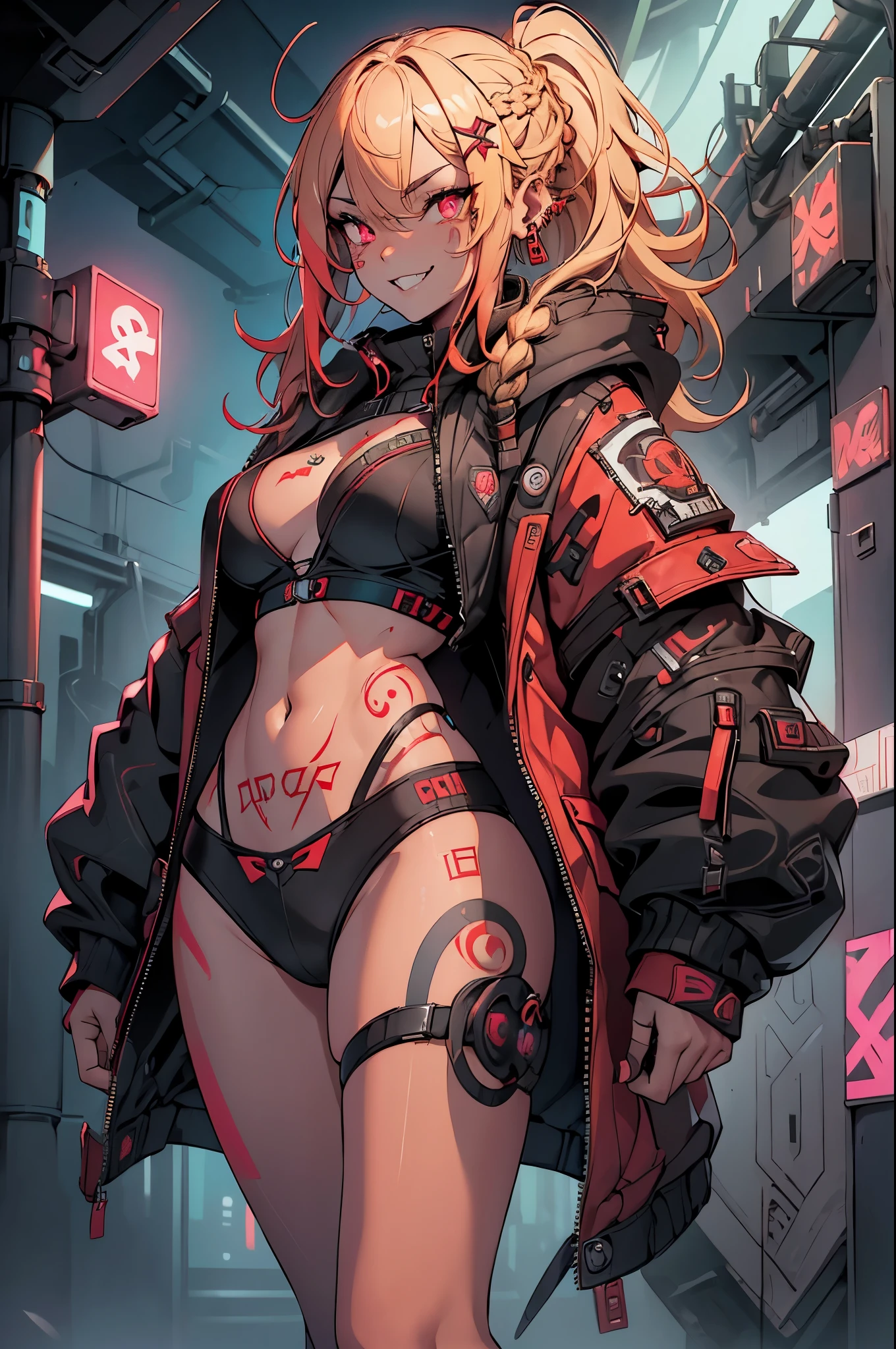 1girl, rebecca \(cyberpunk\), full body, solo, blonde braid hair, glowing red eyes,laugh fearlessly, leg tattoo, neck tattoo,  large chest, black bra, thong, red pupils, skin fang, red eyes, black jacket, 