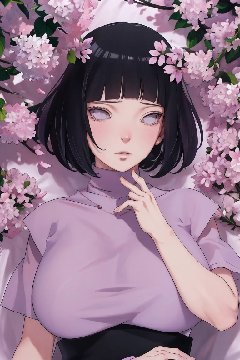 { - anatomy error} (Masterpiece - Ultra-detailed, very high resolution) (huge titusty, masterpiece, absurdres, hinata\(boruto\), 1girl, solo,mature female, lilac turtleneck blouse, black pant, looking at viewelling petals), perfect composition, detailed lips, big breast, beautiful face, body propotion, blush, (pink lips), short hair, (black hair), purple eyes, soft gaze, super realistic, detailed, photoshoot, realistic face and body, closed mouth , lilac eyes, upper body, hidden hands, perfect fingers, inocent face, portrait, Walking, writing, lying down, standing, on your back, dynamic poses