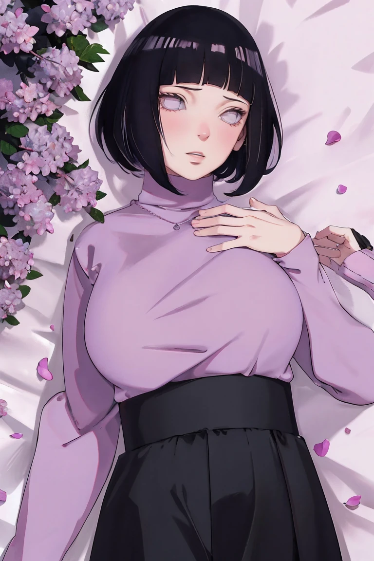 { - anatomy error} (Masterpiece - Ultra-detailed, very high resolution) (huge titusty, masterpiece, absurdres, hinata\(boruto\), 1girl, solo,mature female, lilac turtleneck blouse, black pant, looking at viewelling petals), perfect composition, detailed lips, big breast, beautiful face, body propotion, blush, (pink lips), short hair, (black hair), purple eyes, soft gaze, super realistic, detailed, photoshoot, realistic face and body, closed mouth , lilac eyes, upper body, hidden hands, perfect fingers, inocent face, portrait, Walking, writing, lying down, standing, on your back, dynamic poses