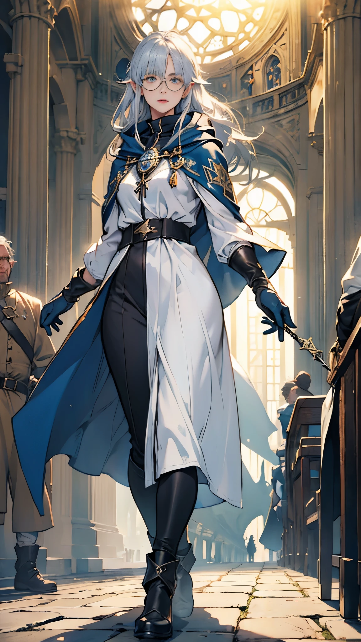 (((((girl))))), masterpiece, ultra detailed, 8K Portrait, Raw photo, woman's portrait photography, full body, Highly detailed smile face, ((Fantasy)), (((hobbit))), ((Adult)), 45 years old, 110cm, (((ALCHEMIST))), ((white skin)), (((olive color long straight hair))), blunt bangs, (((dark blue silk long cloak))) Fluttering in the wind, (((white inner coat))), leather glove, (((glasses))), (((equip a wand))), Midday sun, Hyper realistic, Slender body, by the foggy castle, Ambient lighting, Shadow details, Camera focus on face, strong breeze, Light fog