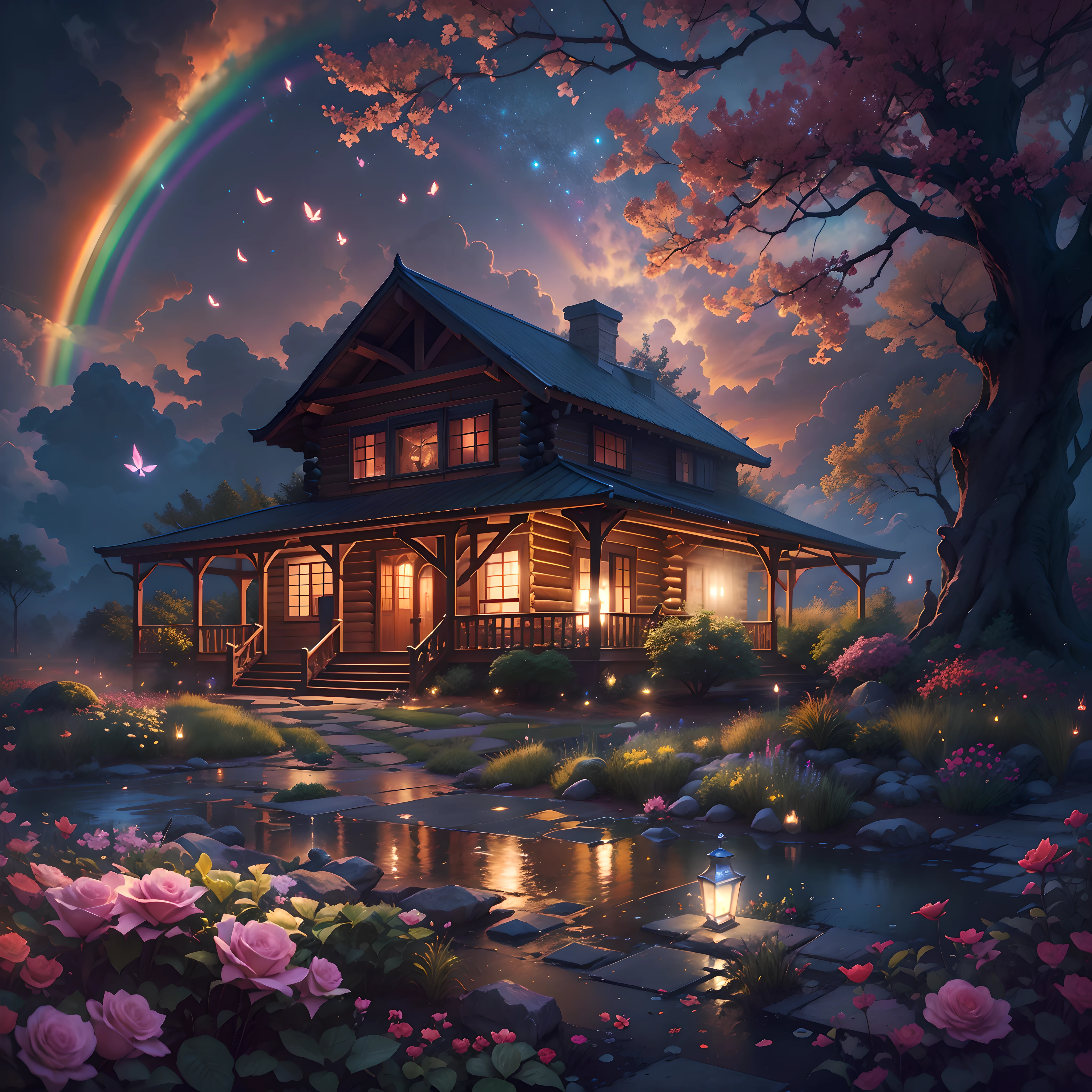 night,rose Garden,sky sky,(rainbow),space,starry sky,galaxy,(depth of field),Light,mist,wooden house,Cherry tree,真实的Light与影,painterly,Ethereal atmosphere,bright colors,Film works,Dreamy and magical,Huang Li,particle effect,diffuse reflection,(Monte),waterfall man,butterfly dancing,Dreamy and whimsical,Quiet and charming,surreal style,painterly,Ultra-fine coating,Vibrant colors,Paintings come to life,In sharp contrast,high dynamic range,ultra high definition,Totally mesmerizing and mesmerizing,simply breathtaking,Physically based rendering,extremely detailed description,professional,.