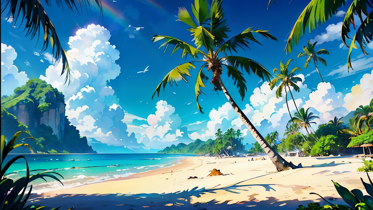 ((highest quality, masterpiece, High resolution))、((anime art))、((There are no people))、 ((Beautiful tropical beach landscape photography))、cinematic light、particles of light、tropical、((flower))、Palm tree、on a sunny beach、sandy beach、beach、Ocean、island、 ((blue sky and white clouds))、(squall)、(rainbow)、