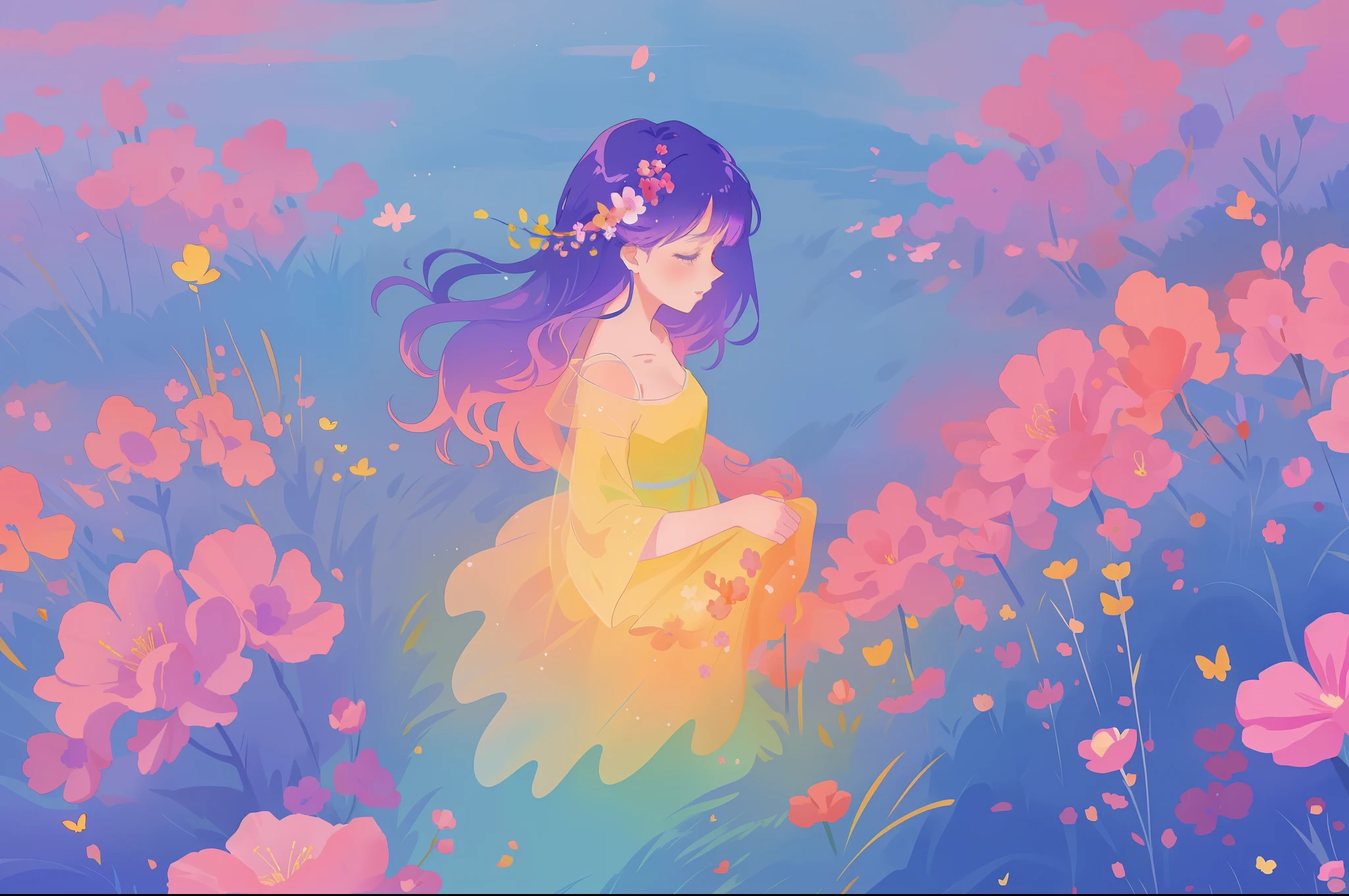 beautiful girl in flowing yellow mint gradient ballgown, flowing purple hair, otherworldly flowers and field, inspired by Glen Keane, inspired by Lois van Baarle, jen bartel, fantasia otherworldly landscape, beautiful, masterpiece, best quality, anime disney style