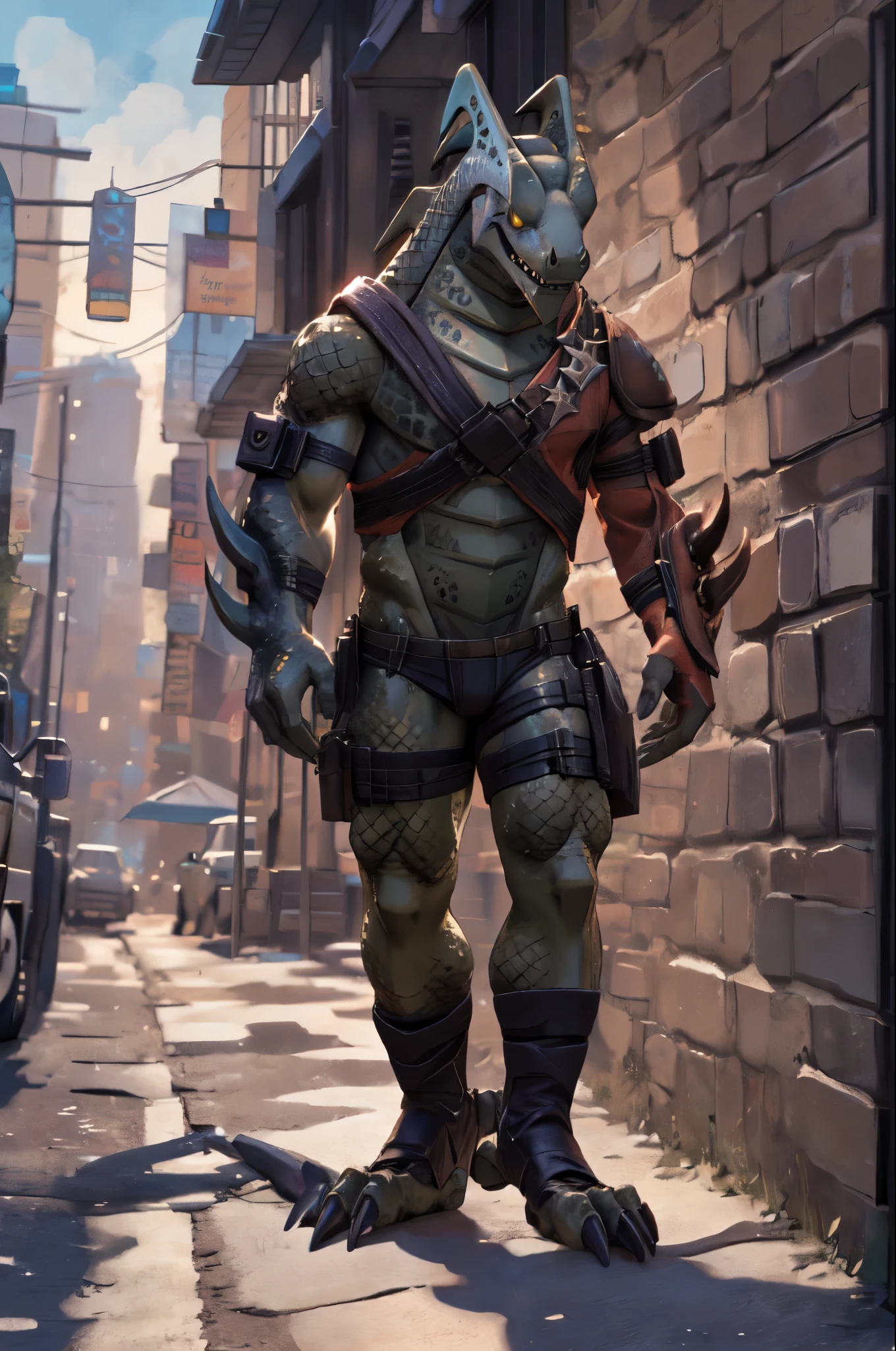 Hybrid (fortnite), dragon, lagarto, reptil, scalie, scales, seguro, abdominales, antro, chaqueta de cuero abierta, garras, ropa, vaqueros, male, muscular, plant, solo, tokio, calle, akihabara, Neon lights BREAK,
by bruteandbrawn, by personalami, por kenket, (intrincado, alto detalle, film photography, enfoque suave, Cine sincero RAW,
photorealism, realista, photorealista, analog style, subsurface dispersion,
obra maestra, Mejor calidad, anime, 8K)