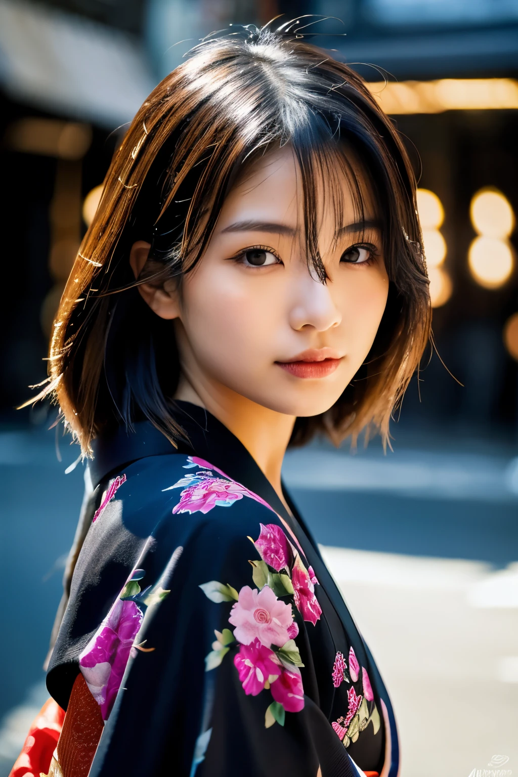 Beautiful Japanese supermodel woman, A lock of hair with slight highlights, black eyes, Sexy,street background,Gorgeous kimono , Liquid color flows across her face, Shooting against the light,Perfect facial lighting,mixed media