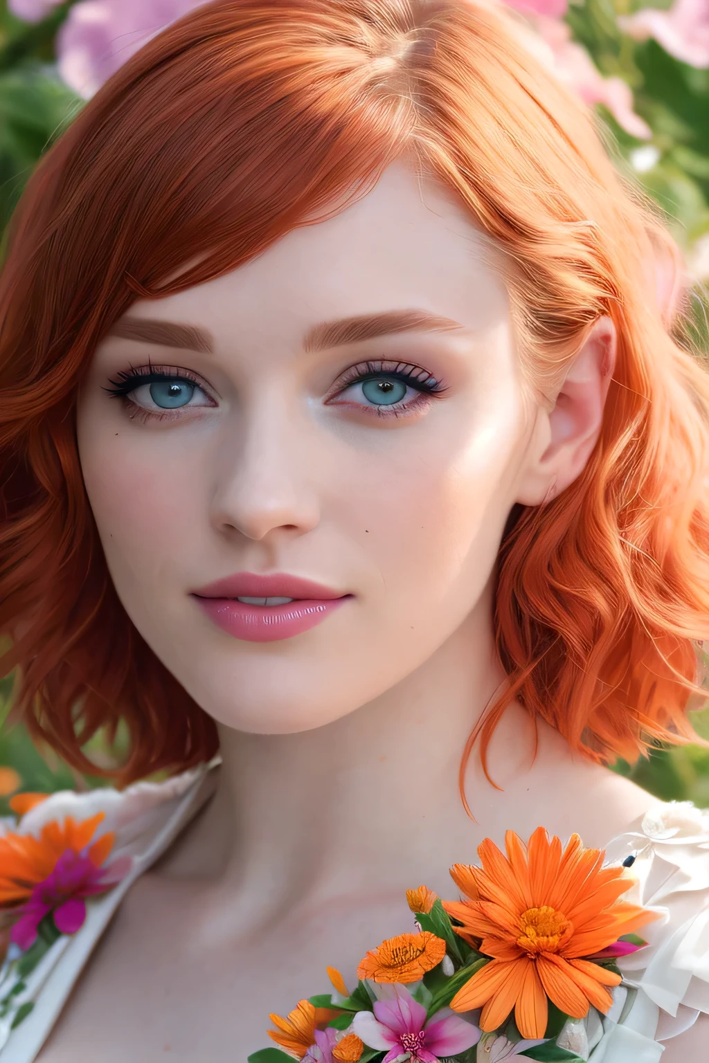 Masterpiece, (Bryce Dallas Howard: 0.5), 20 years, young, short hair, vivid orange hair, shy, cute, playful smile, high detail face, high detail skin, delicate colorful floral dress, (high detail eyes:1.3), (small breasts:1.2), (strong athletic body), garden wiith colorful flowers background, (UHD, 8K wallpaper, High resolution), Cinematic lighting, award-winning, extremely white detailed skin, extra detailed face, high detail eyes, photo-realistic, Zeiss 85 mm F/1.4, by Ellen von Unwerth