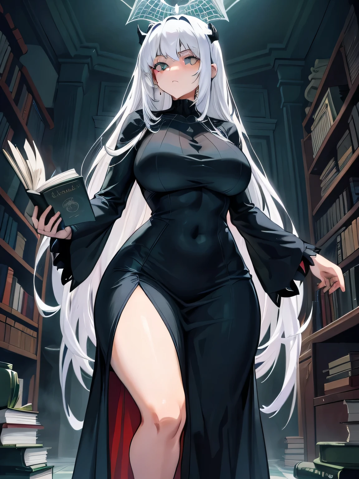 A large woman with spider-like features, wearing a web like outfit long black low-cut dress with white featureswhite chrysalis hair in a room full of books