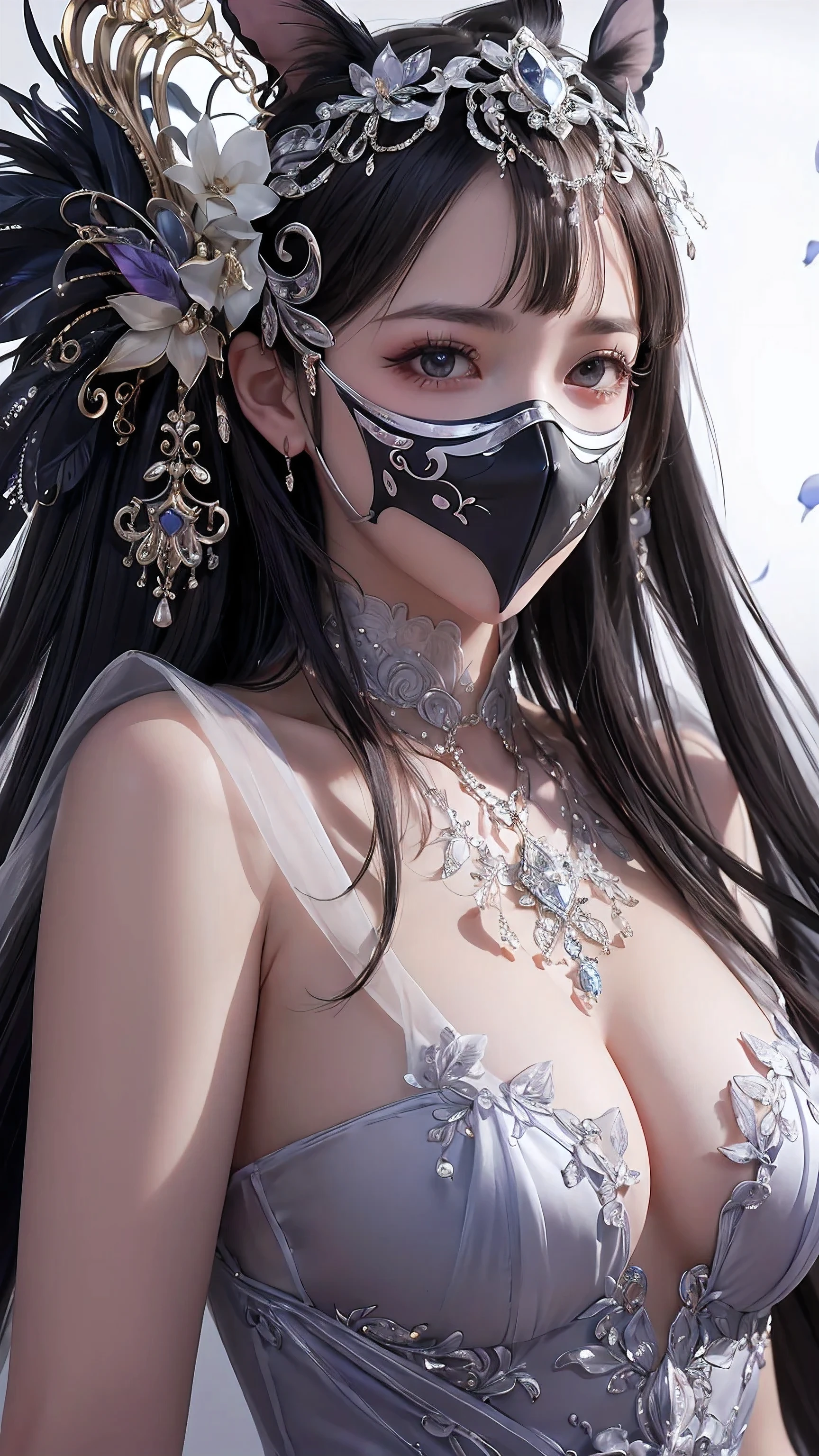 Purple and silver tones、Vibrant colors、((masterpiece)))、(((top-quality)))、((ultra-detailliert))、(A hyper-realistic)、(highly detailed CGillustration)、Official art、Berlin at the beginning of the 20th century、Decadent、Madame Papillon、Masquerade、Elegance、Masks that cover most of the face、Colorful and detailed mask design、matchless beauty、Fans、gorgeous dress、jewely、Perfect Angle、perfect-composition、looking left、upper body Esbian