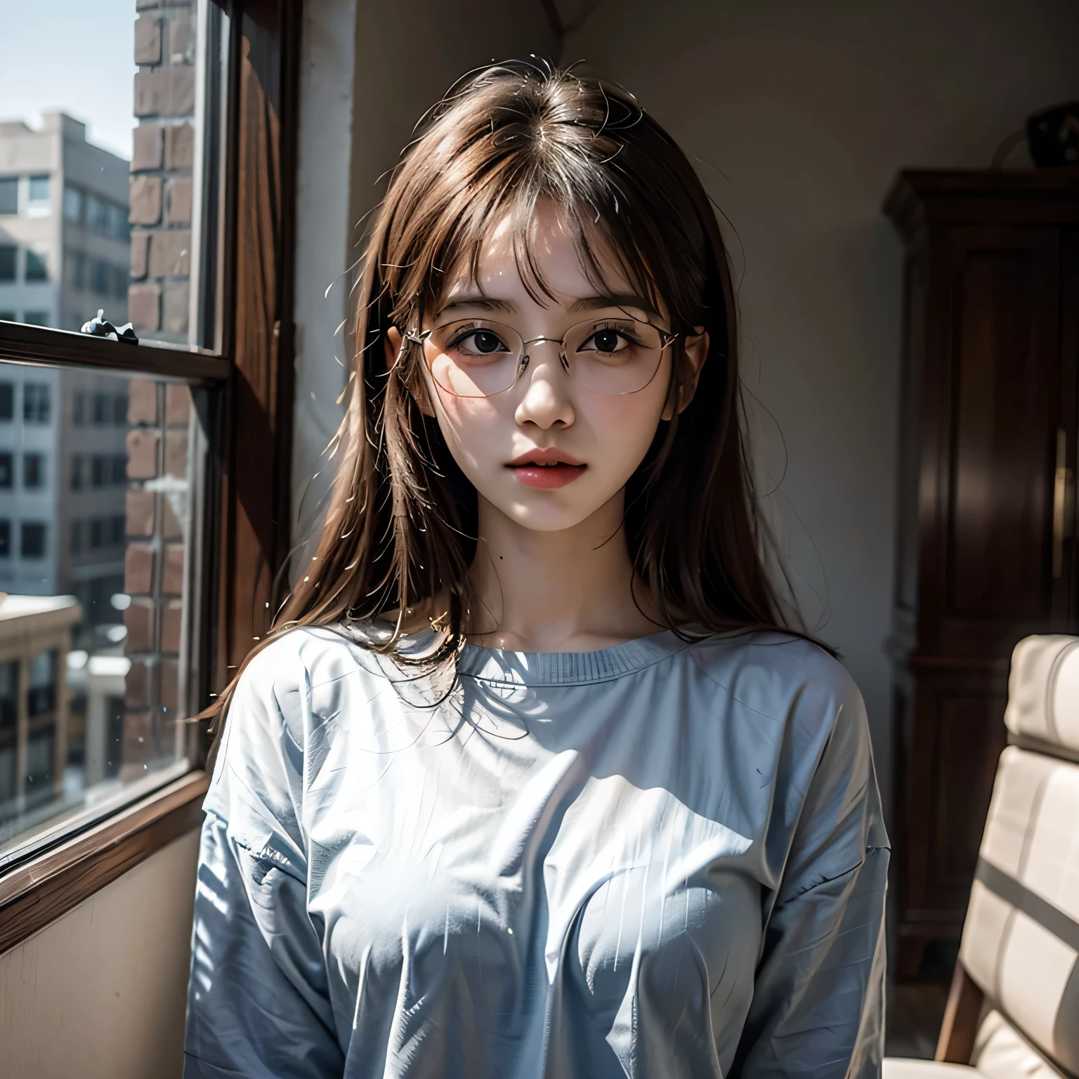 my name 'Jeany_Sheva', 25 Years old woman with glasses and a shirt posing for a picture, girl with glasses, glasses frames, girl wearing round glasses, wearing small round glasses