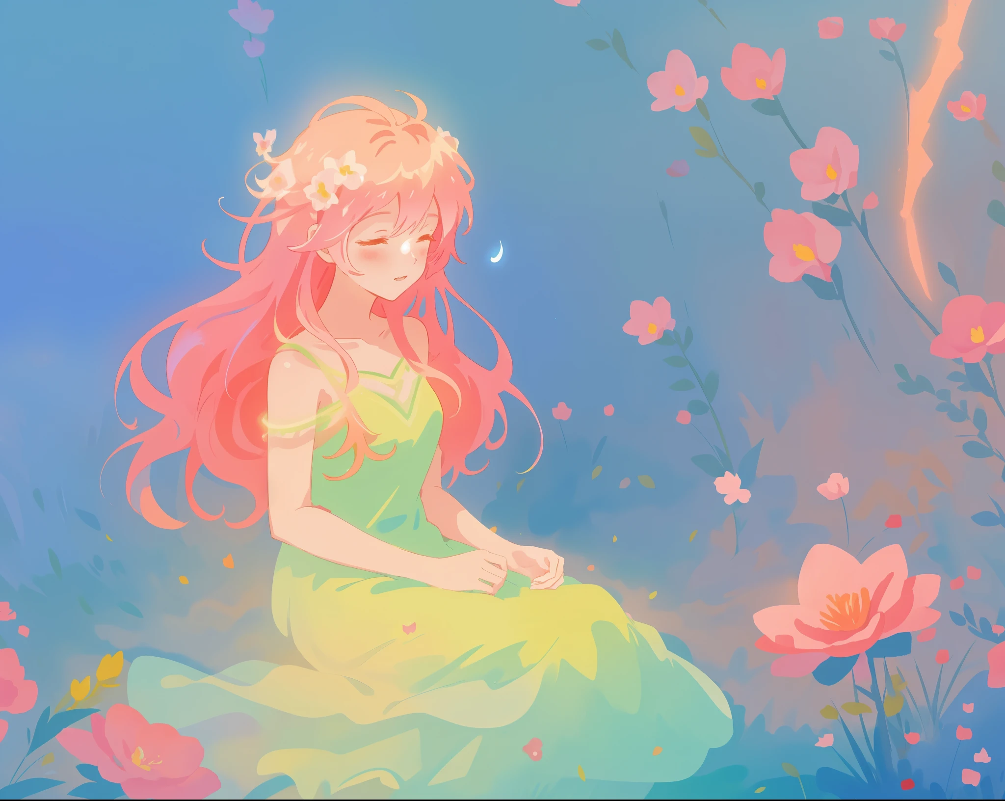 beautiful girl in gradient mint green dress, beautiful girl sitting in a field with pink red flowers, glowing lights, whimsical landscape, long pink flowing hair, watercolor illustration, inspired by Glen Keane, inspired by Lois van Baarle, disney art style, by Lois van Baarle, glowing aura around her, by Glen Keane, jen bartel, glowing lights! digital painting, flowing glowing hair, glowing flowing hair, beautiful digital illustration, fantasia otherworldly landscape plants flowers, beautiful, masterpiece, best quality, anime disney style