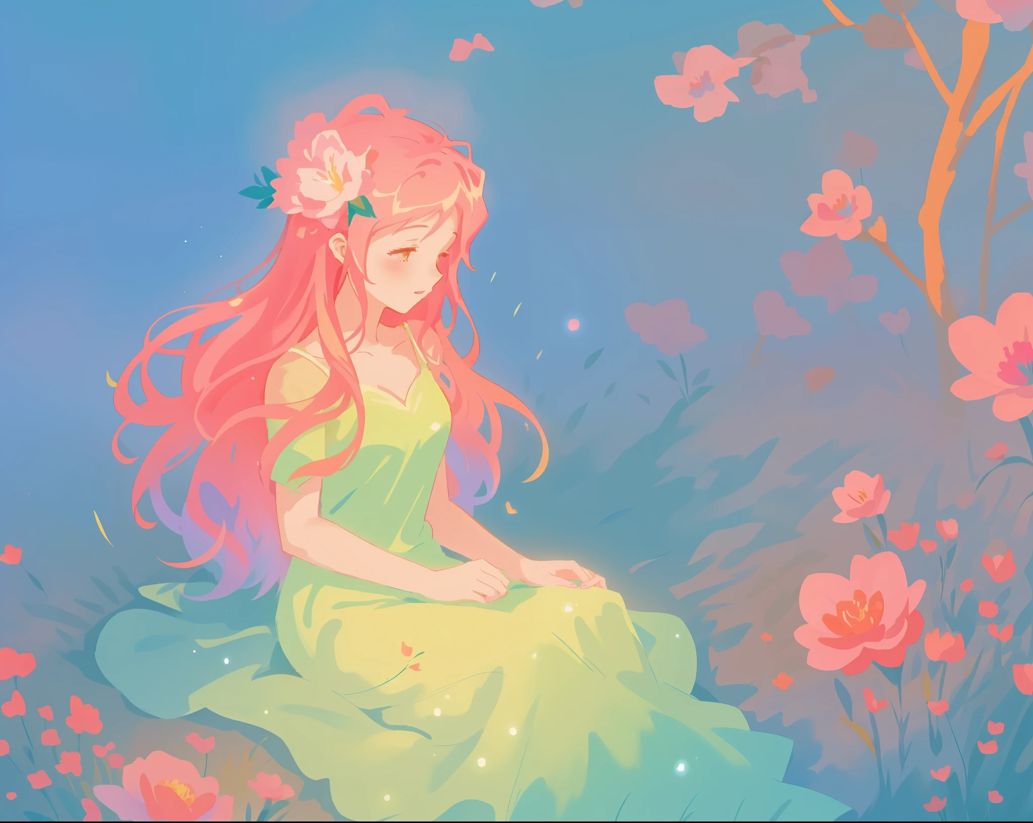 beautiful girl in gradient mint green dress, beautiful girl sitting in a field with pink red flowers, glowing lights, whimsical landscape, long pink flowing hair, watercolor illustration, inspired by Glen Keane, inspired by Lois van Baarle, disney art style, by Lois van Baarle, glowing aura around her, by Glen Keane, jen bartel, glowing lights! digital painting, flowing glowing hair, glowing flowing hair, beautiful digital illustration, fantasia otherworldly landscape plants flowers, beautiful, masterpiece, best quality, anime disney style