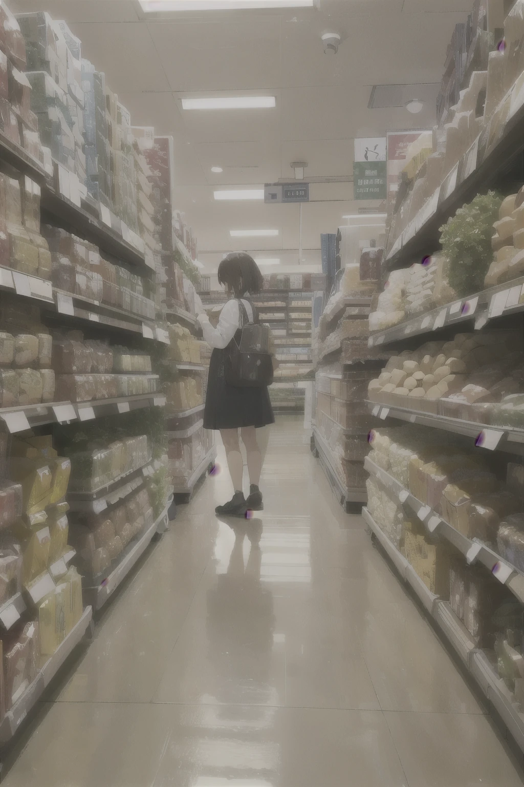 Floor footage of a supermarket. Her looming deep textured shoesole lands on the camera