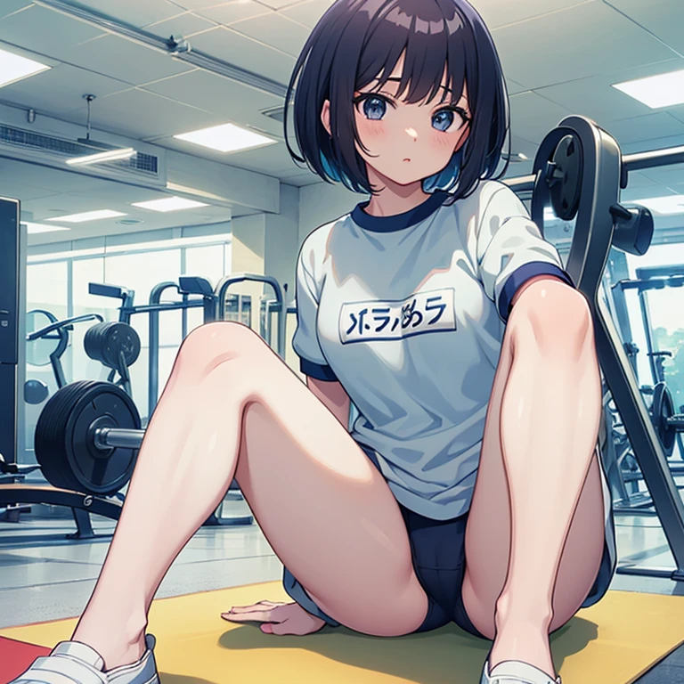 (master piece, high quality)、anime girl sitting on a mat, しゃがむbeautifulアニメの女の子, anime girl squatting, anime moe art style, at the gym, thighs!!!, strongest pose, Smooth anime CG art, thighs!!!!!!, buruma, navy color buruma, black hair、shortcut、bob cut、young face、baby face、(spread your legasterpiece)), ((最high quality)), (Super detailed), ((cute)), ((very detailed)), 4k, (8K), 最high quality, (beautiful), anime style, 1 girl, alone, Old school gym clothes(jp), black hair