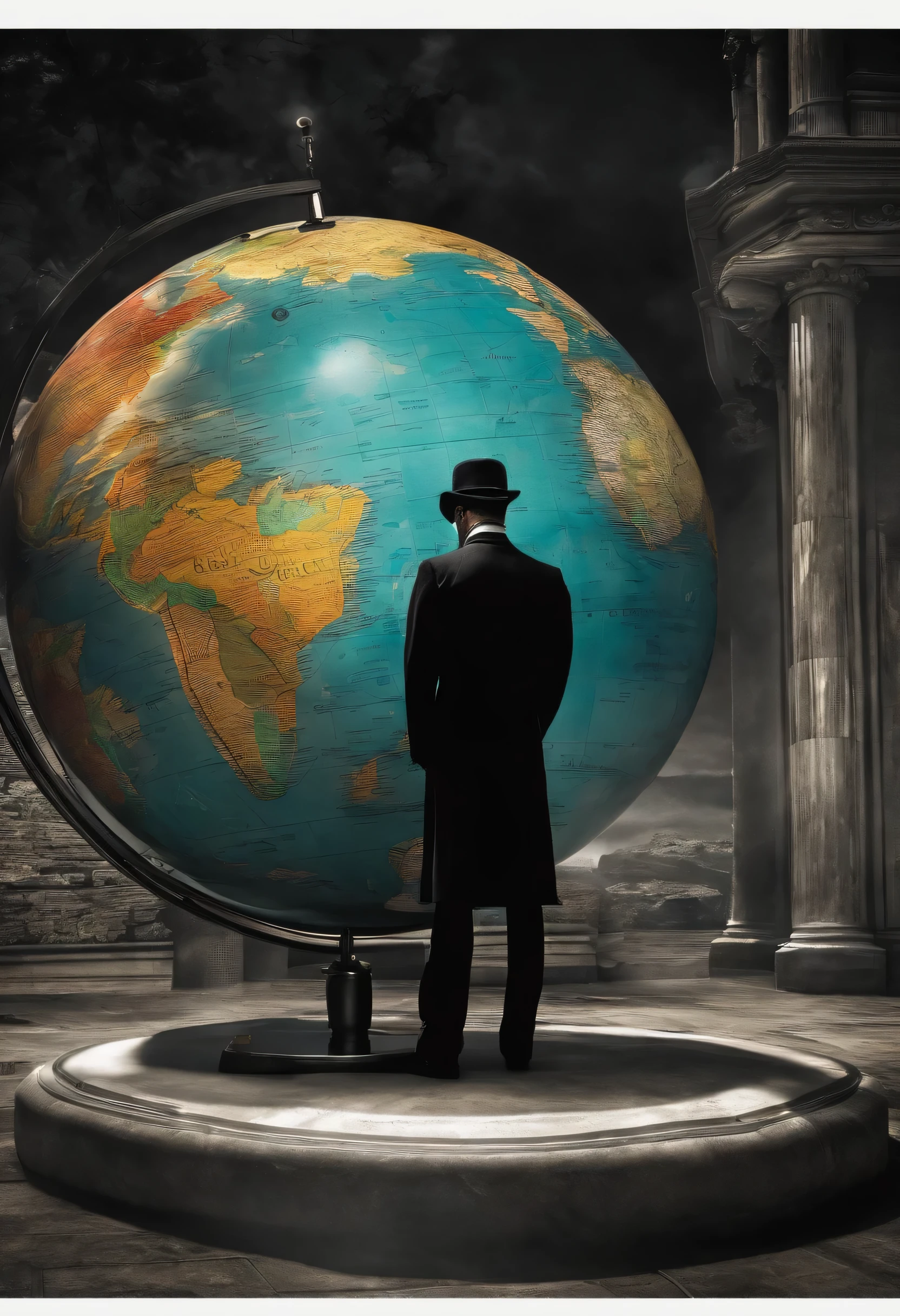 A globe, dark, one man with a black suit and black mask on his face, looking at the globe