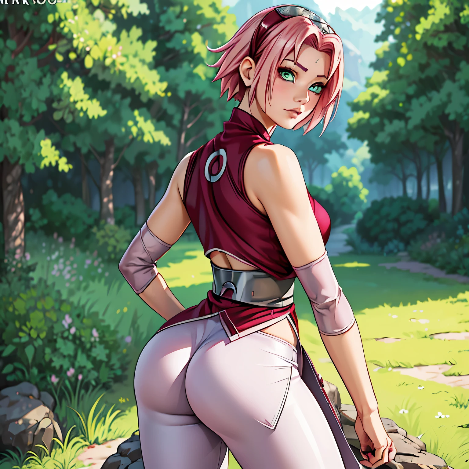 ((ultra quality)), ((masterpiece)), sakura, Naruto Shippuden, ((pinkshort hair)), (beautiful cute face), (beautiful female lips), Charming, ((sexy facial expression)), looks at the camera, eyes slightly open, (skin color white), (blue skin), glare on the body, ((detailed beautiful female eyes)), ((green eyes)), (juicy women's lip liner), (beautiful female hands), ((ideal female figure)), ideal female body, beautiful waist, gorgeous thighs, beautiful small breasts, ((thin and beautiful)), stands temptingly (Rear view), (sakura Uzumaki's clothes, black skinny shorts, leggings, Hidden Leaf Village Shinobi Clothes) background: hidden leaf village, Naruto shippuden, ((depth of field)), ((clear high quality image)), (Clear details), ((high detail)), anime