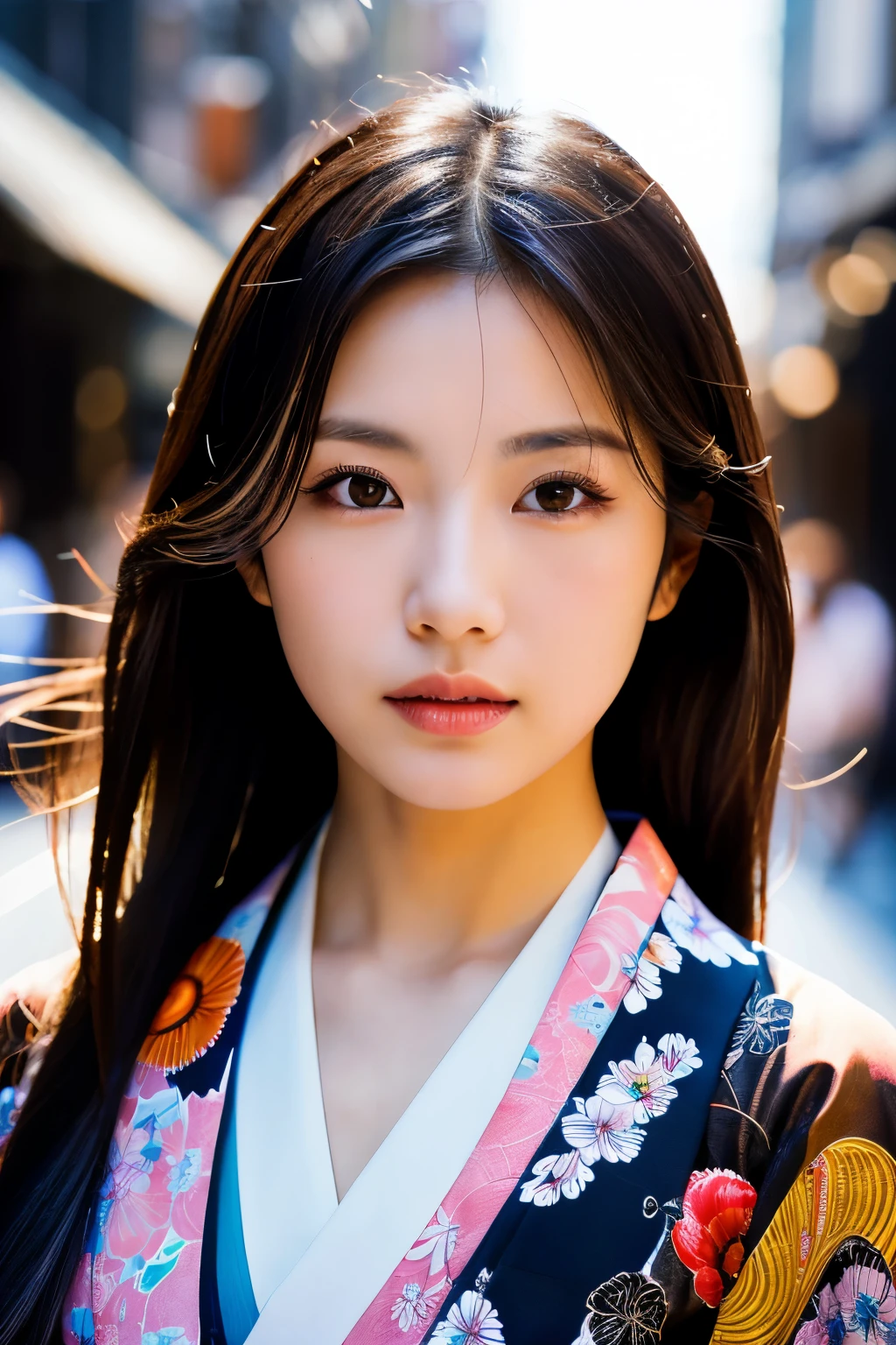 Beautiful Japanese supermodel woman, A lock of hair with slight highlights, black eyes, Sexy,street background,Gorgeous kimono , Liquid color flows across her face, Shooting against the light,Perfect facial lighting,mixed media