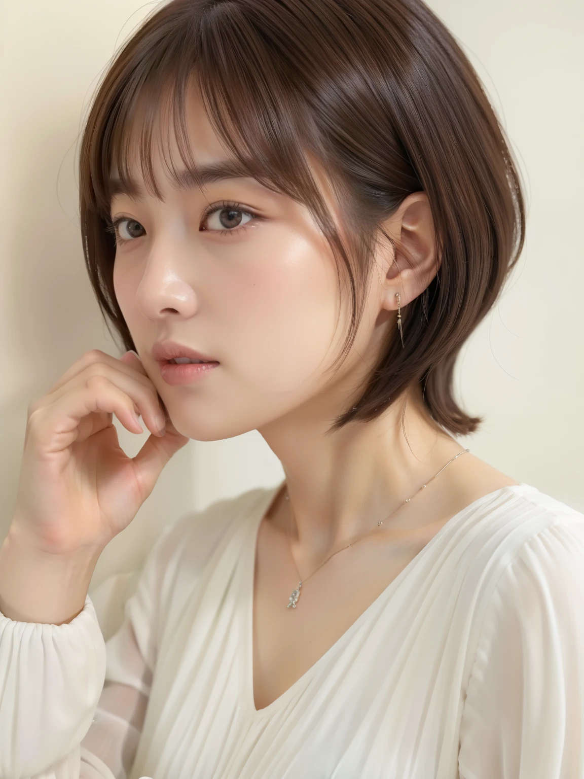 (highest quality、8K、32k、masterpiece、nffsw:1.2)、Taken in front of a white wall、don't look at the camera、japanese women pictures、The tips of the hair are sticking out、shortcut、short hair、very short hair、Upper body、surface focus、simple necklace、simple background、From above、looking at the viewer、mix 4、(8K、Raw photo、highest quality、masterpiece:1.2)、(realistic、Photoreal:1.37)、1 girl、professional lighting、photon mapping、Physically based rendering、excellent image quality、High resolution、1080p、(pretty face)、(Detailed facial description)、(Detailed explanation of hand setter muscle parts)、(Detailed CG)、 masterpiece、Rich details、(exquisite features)、(best image quality)、(masterpiece)、(detailed eye)、delicate clavicle、Various poses、profile、simple necklace、((long sleeve dress))