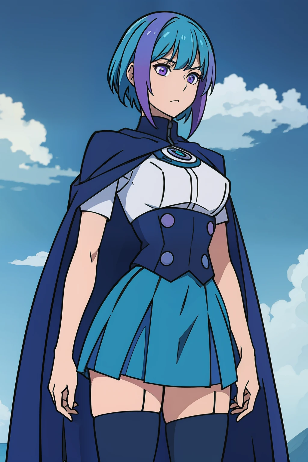 Cyan, standing , purple eyes,multicolor hair, purple & aqua hair,skirt, navy cape,high quality,4k,