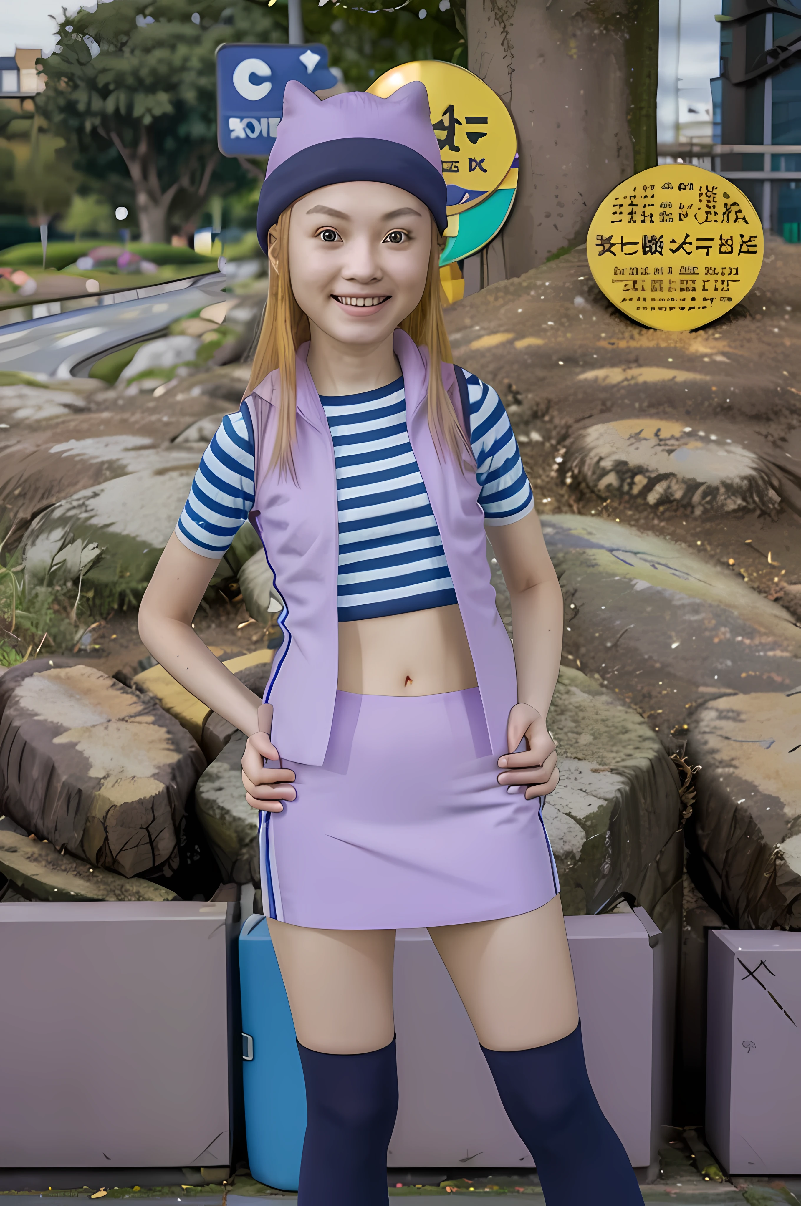 masterpiece, best quality, highres, zoe orimoto, eigthteen years old, blond hair, long hair, medium breasts, purple beanie, purple vest, purple miniskirt, blue white striped shirt, long purple socks, sneakers, standing, looking at viewer, city road, outdoor, modern city road, blush, shy, smile, show teeth, sexy pose, lifting her skirt a little