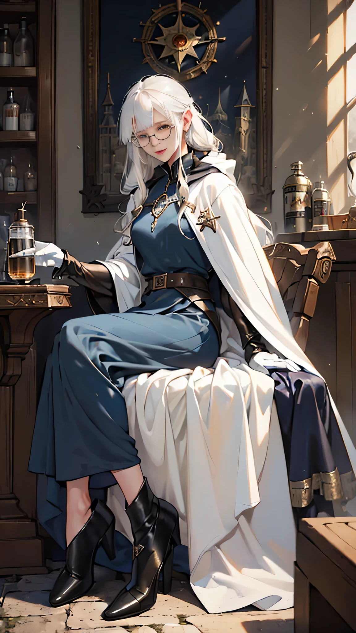 (((((girl))))), masterpiece, ultra detailed, 8K Portrait, Raw photo, woman's portrait photography, full body, Highly detailed smile face, sitting on chair, ((Fantasy)), (((hobbit))), ((Adult)), 45 years old, 110cm, (((ALCHEMIST))), ((white skin)), (((olive color long straight hair))), blunt bangs, (((dark blue silk long cloak))) Fluttering in the wind, (((white inner coat))), leather glove, (((glasses))), (((equip a wand))), Midday sun, Hyper realistic, Slender body, by the foggy castle, Ambient lighting, Shadow details, Camera focus on face, strong breeze, Light fog