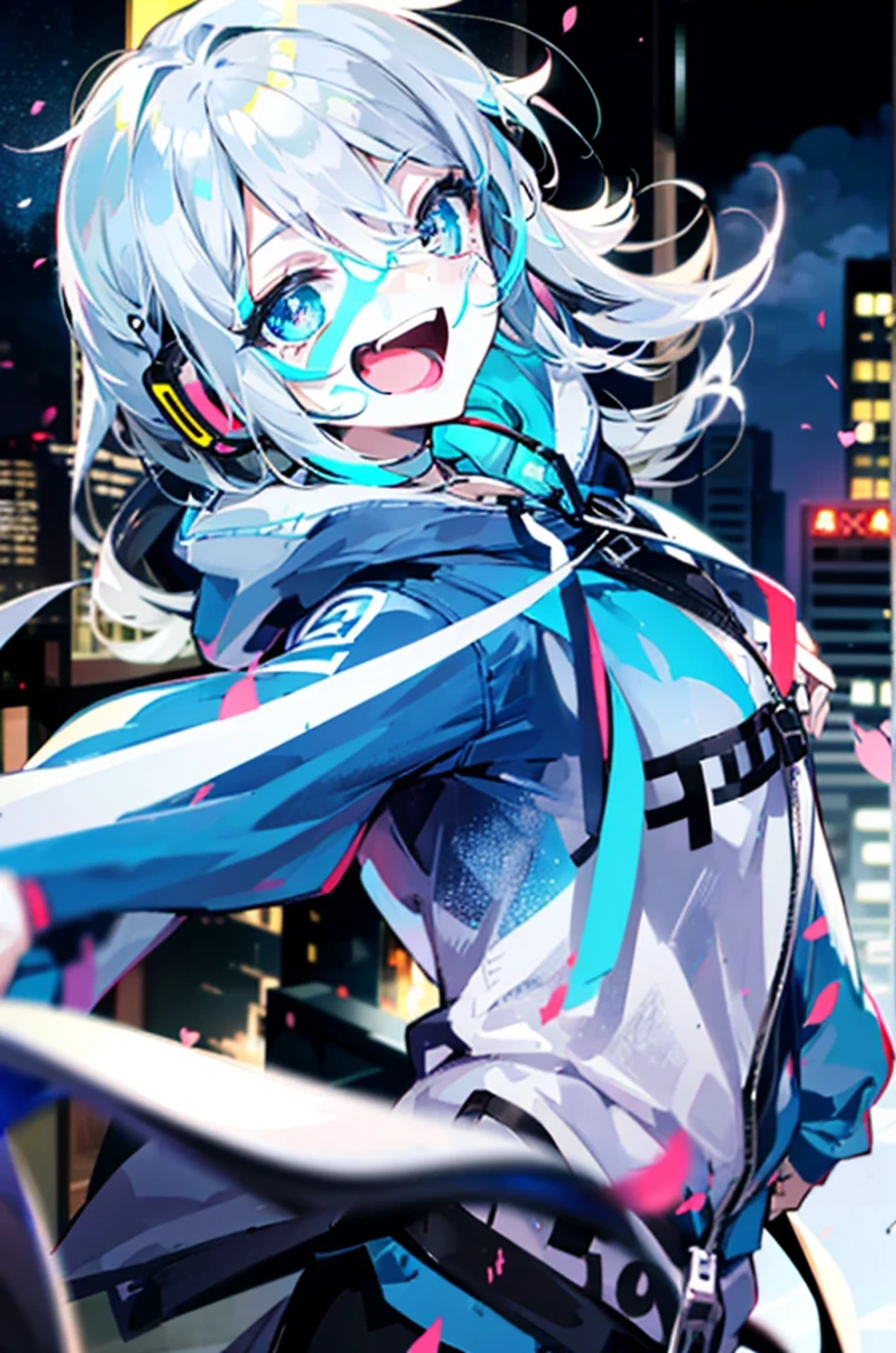 (best image quality), 1 girl, hoodie, hood, 2 2D, anime, night, city, masterpiece, headphone, light blue eyes, silver hair, beautiful eyes, rich expressive power, A big smile, Close ~ eyes, have a knife