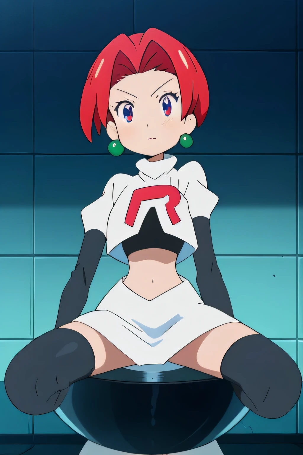 8k, masterpiece,highres, team rocket uniform, red letter r, white skirt,white crop top,black thigh-high boots, black elbow gloves, spread legs, black panties,on toilet,anime style, vivid colors, sharp focus, intense lighting,leonie pinelli, earrings, glossy lips