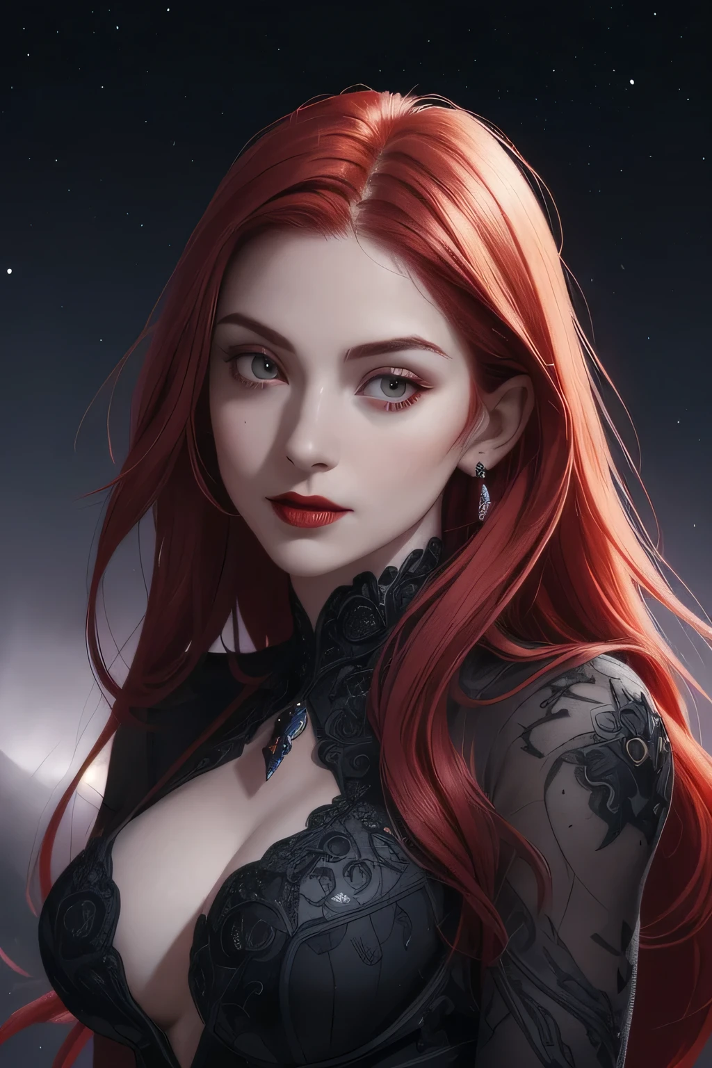 (portrait shot, ((vivid red hair)), mature woman, 30 years old, diamond face, moonlight, red starry sky background, depth of field, magic, big red lips, ((dark black eyes)) black and red long and full dress, covered chest, mystical atmosphere, ominous shadows, Intense blue aura, Intense red aura (best quality:1.2), absurdres, intricate details, (highly detailed skin:1.2), smile expression, posing, taut and well defined body, attractive. Highly realistic, pale skin, beautiful, hyperrealism, skin very elaborated, direct gaze