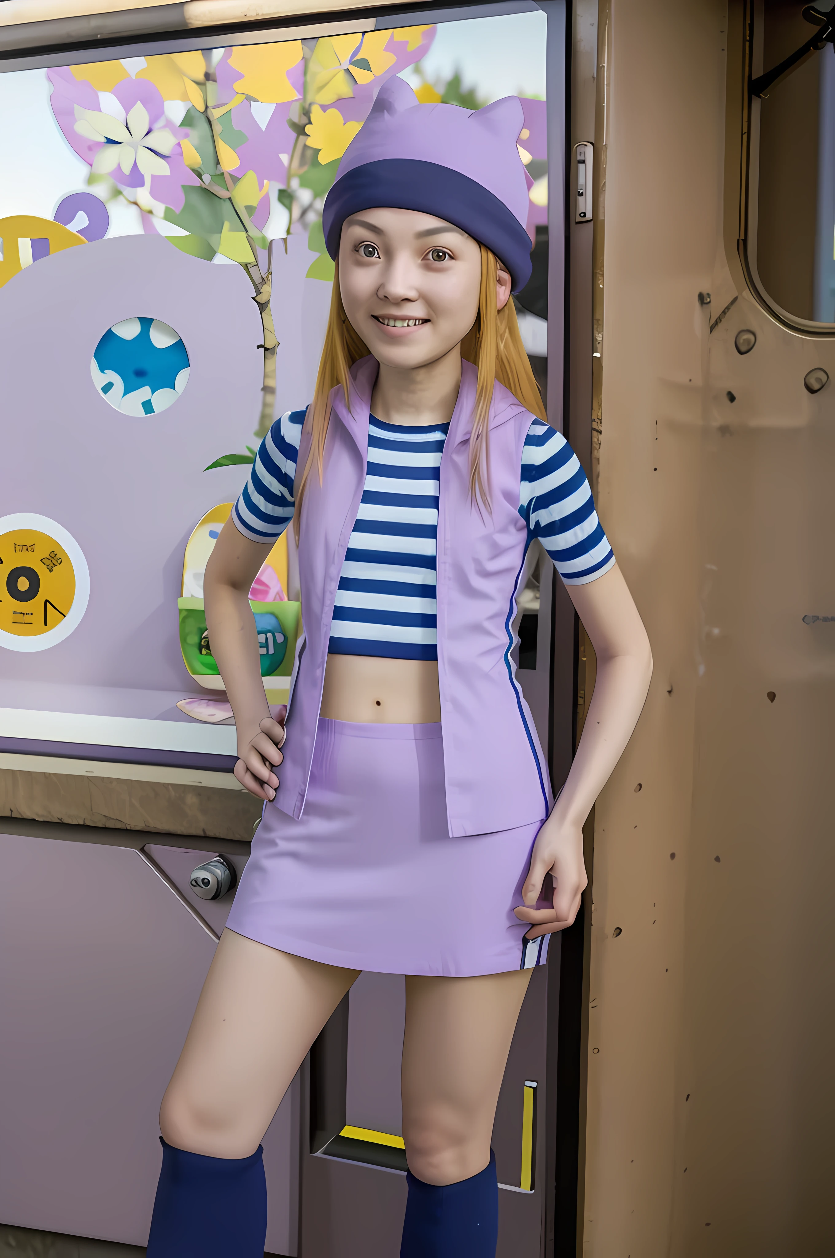 masterpiece, best quality, highres, zoe orimoto, eigthteen years old, blond hair, long hair, medium breasts, purple beanie, purple vest, purple miniskirt, blue white striped shirt, long purple socks, sneakers, standing, looking at viewer, city road, outdoor, modern city road, blush, shy, smile, show teeth, sexy pose, lifting her skirt a little