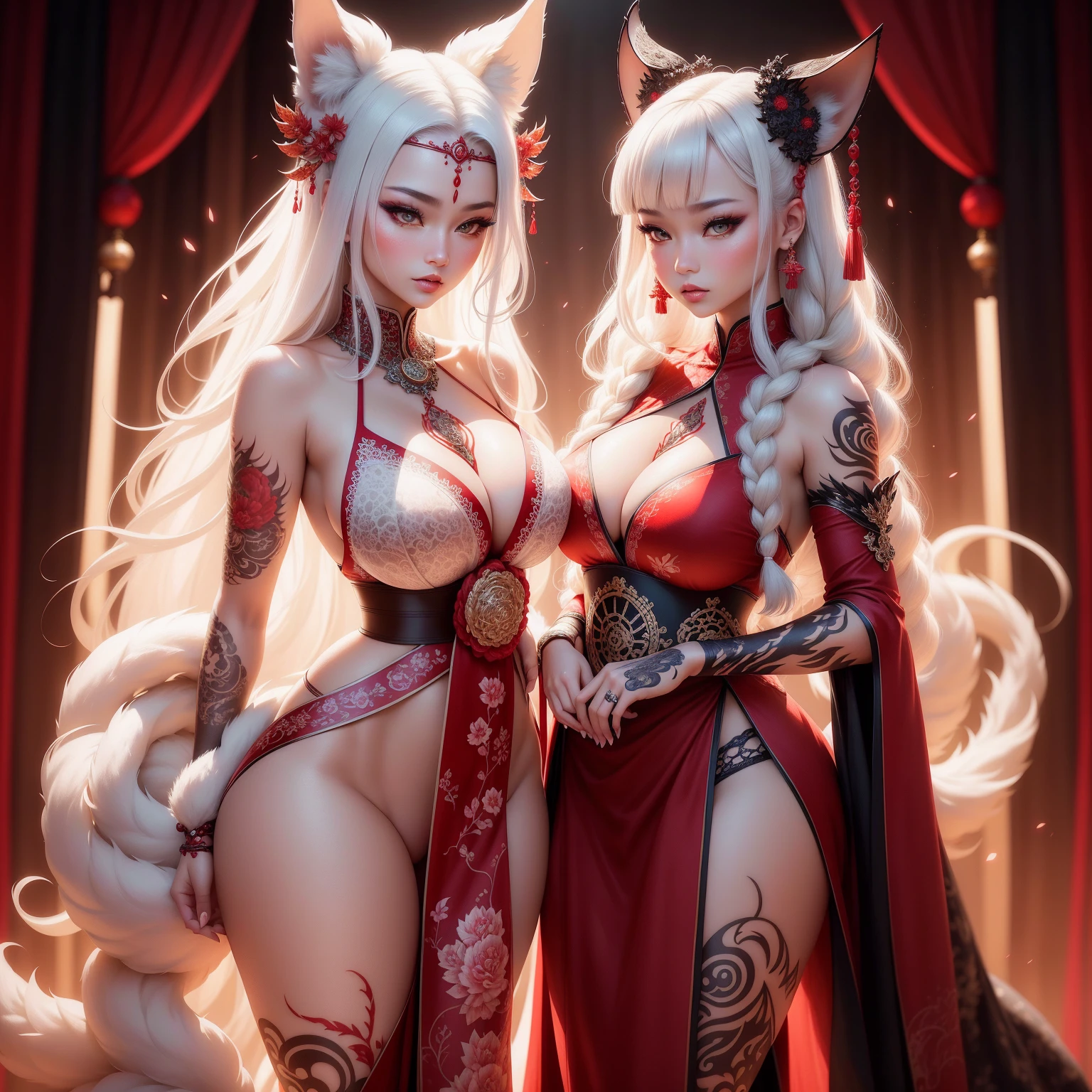 REALISTIC VISION 1.4, BETTER VAE,sharp focus, ultra detail, 32k,realistic photo, intricate details, kitsune, intricate details ,woman, nine tails,intricate details,intricate details,big , Voluptuous body, intricate details, Miko,clothes long white dress with red details intricate details,tattoos intricate details,full body,