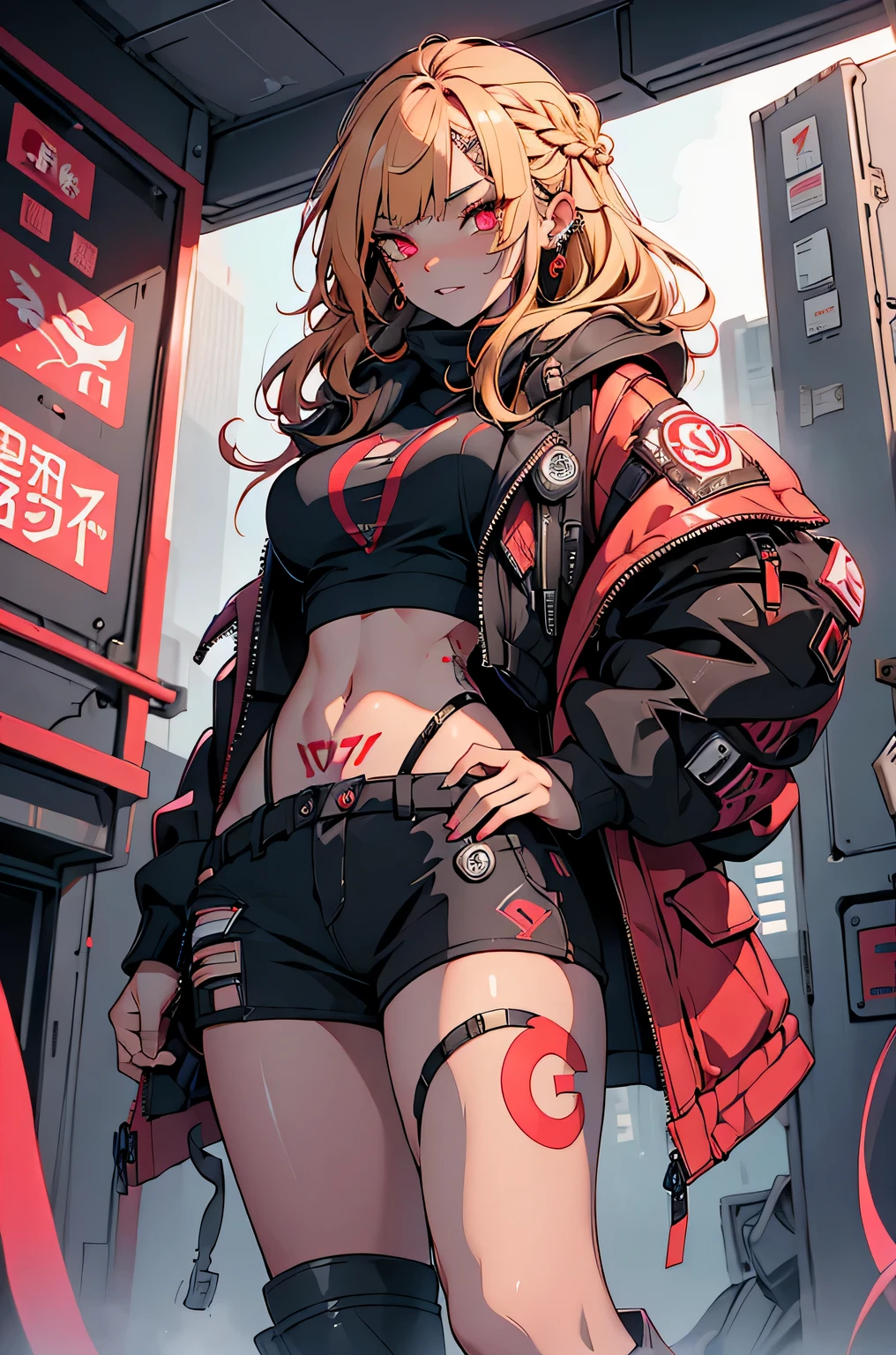 1girl, rebecca \(cyberpunk\), full body, solo, blonde braid hair, glowing red eyes,laugh fearlessly, leg tattoo, neck tattoo,  large chest, black bra, thong, red pupils, skin fang, red eyes, black jacket, 