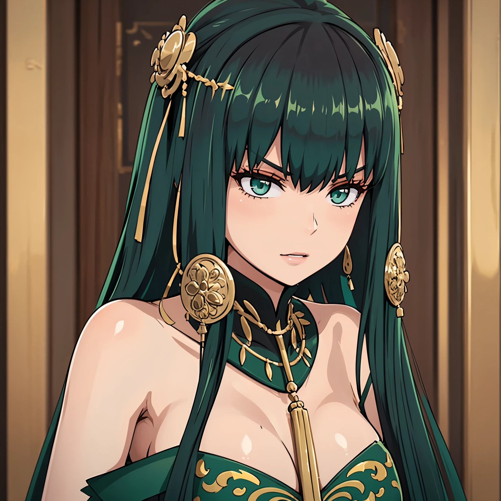 a woman with a dark green dress, dark green hair, green eyes, with gold details on her clothes, gold jewelry in her hair, in a Chinese palace, serious face, big breasts,very detailed, masterpiece, high quality, ultra resolution, 4k hd
