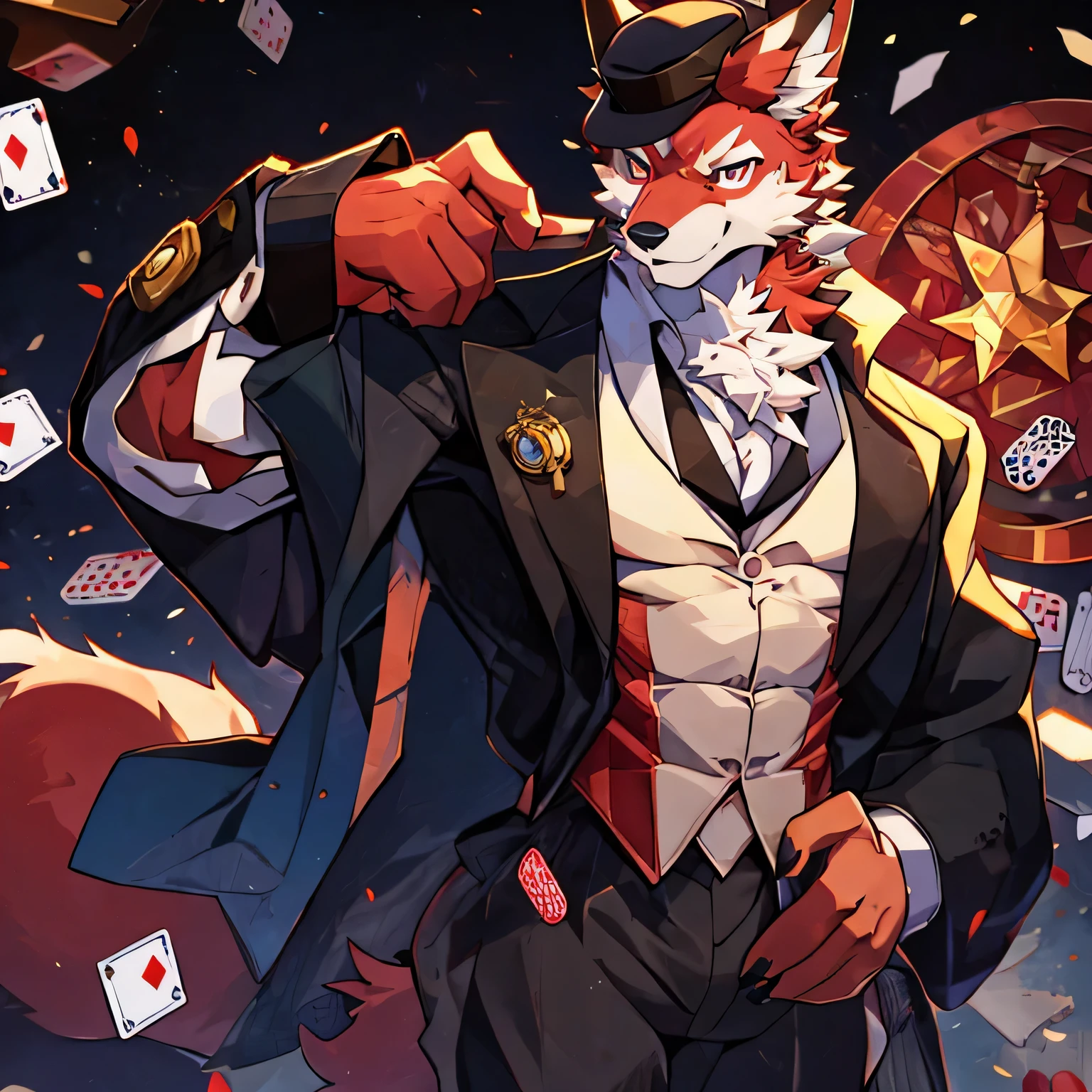 4k, actual, high detail, super detailed, fox，Phantom thief，Wearing a stylish mask，Wearing a top hat，Abs loom，white suit，red fur，Strong body，Poker cards in hand，Smile，Face the screen，The background is night